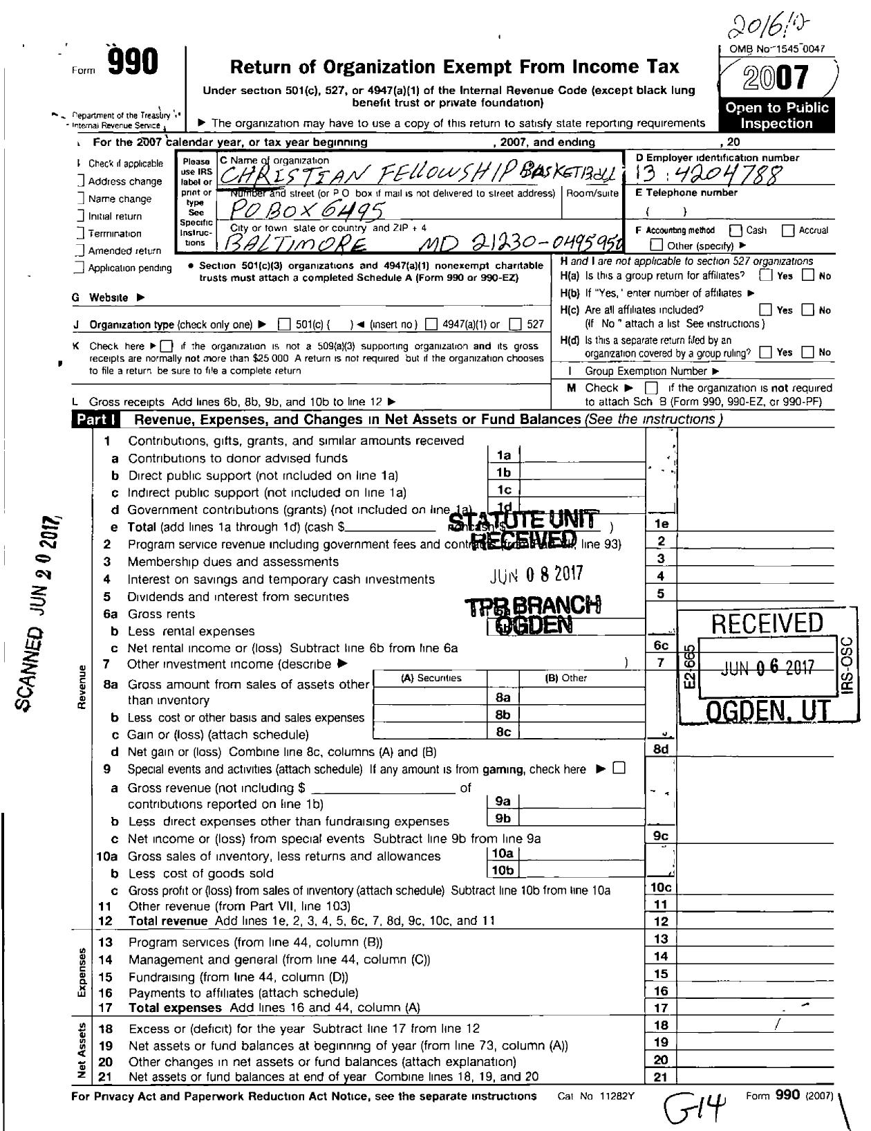 Image of first page of 2016 Form 990O for Christian Fellowship Basketball League