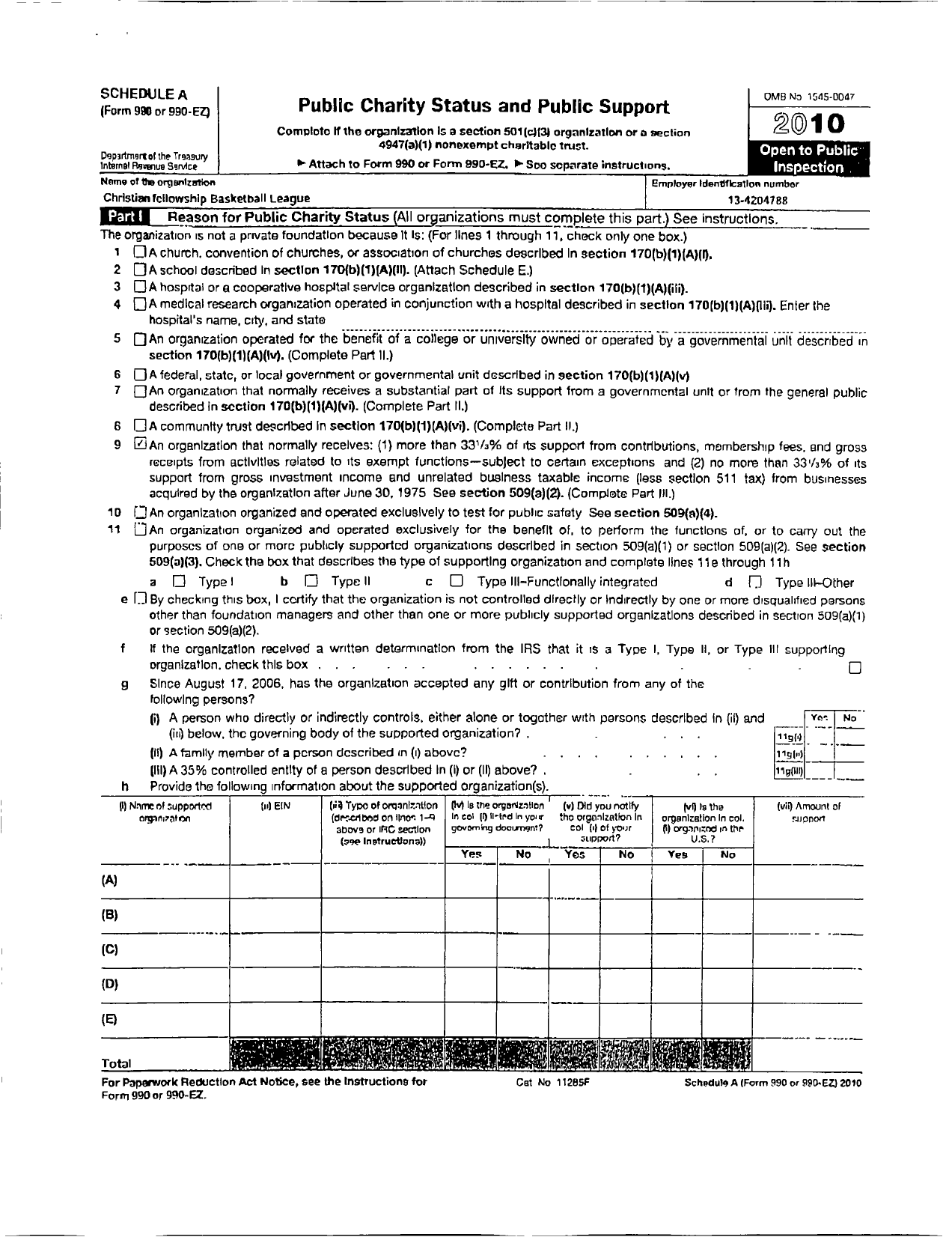 Image of first page of 2010 Form 990R for Christian Fellowship Basketball League