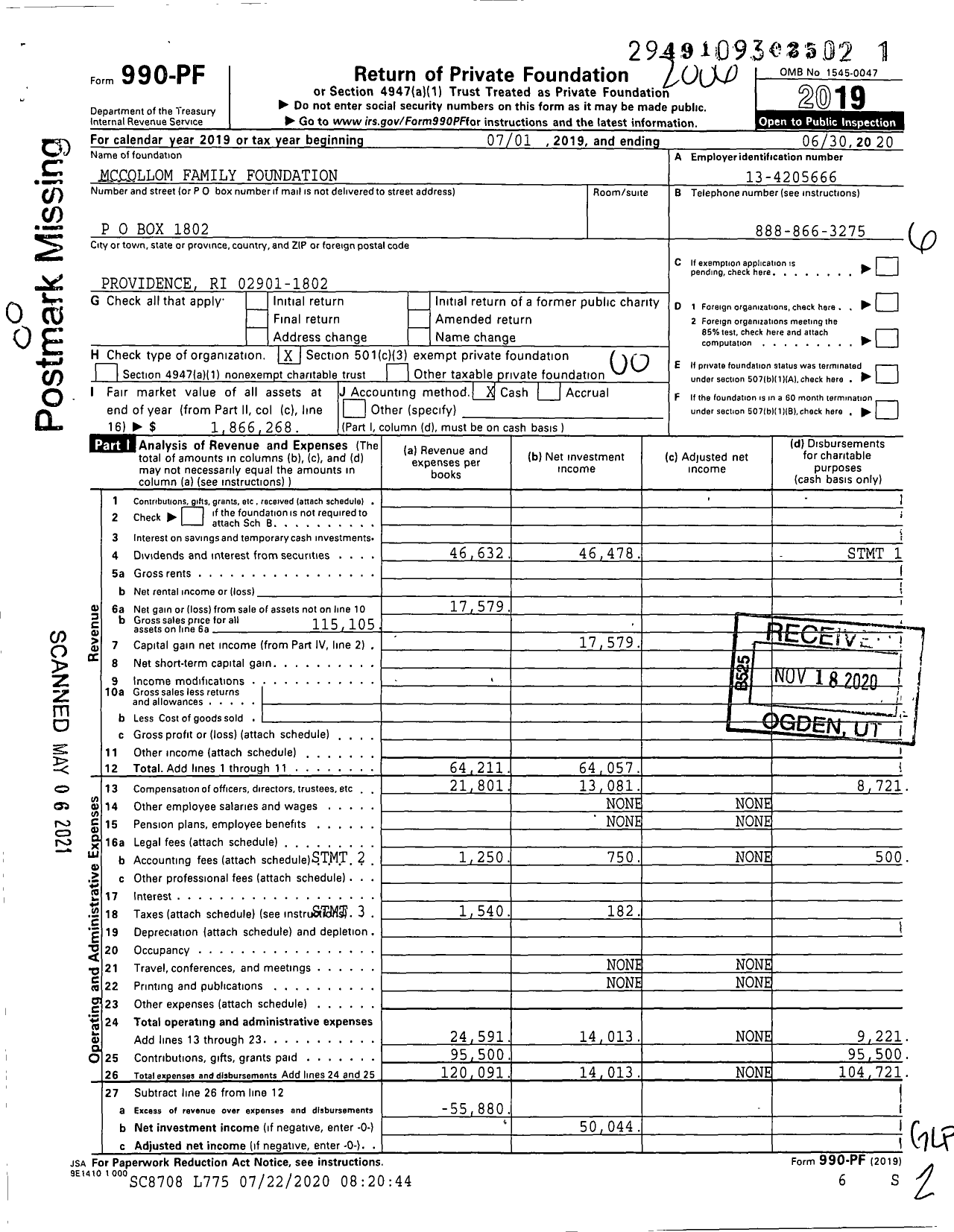 Image of first page of 2019 Form 990PF for Mccollom Family Foundation