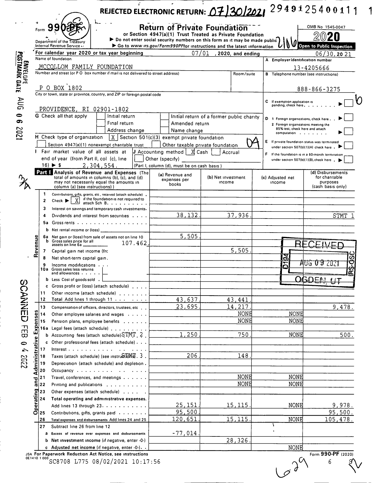 Image of first page of 2020 Form 990PF for Mccollom Family Foundation