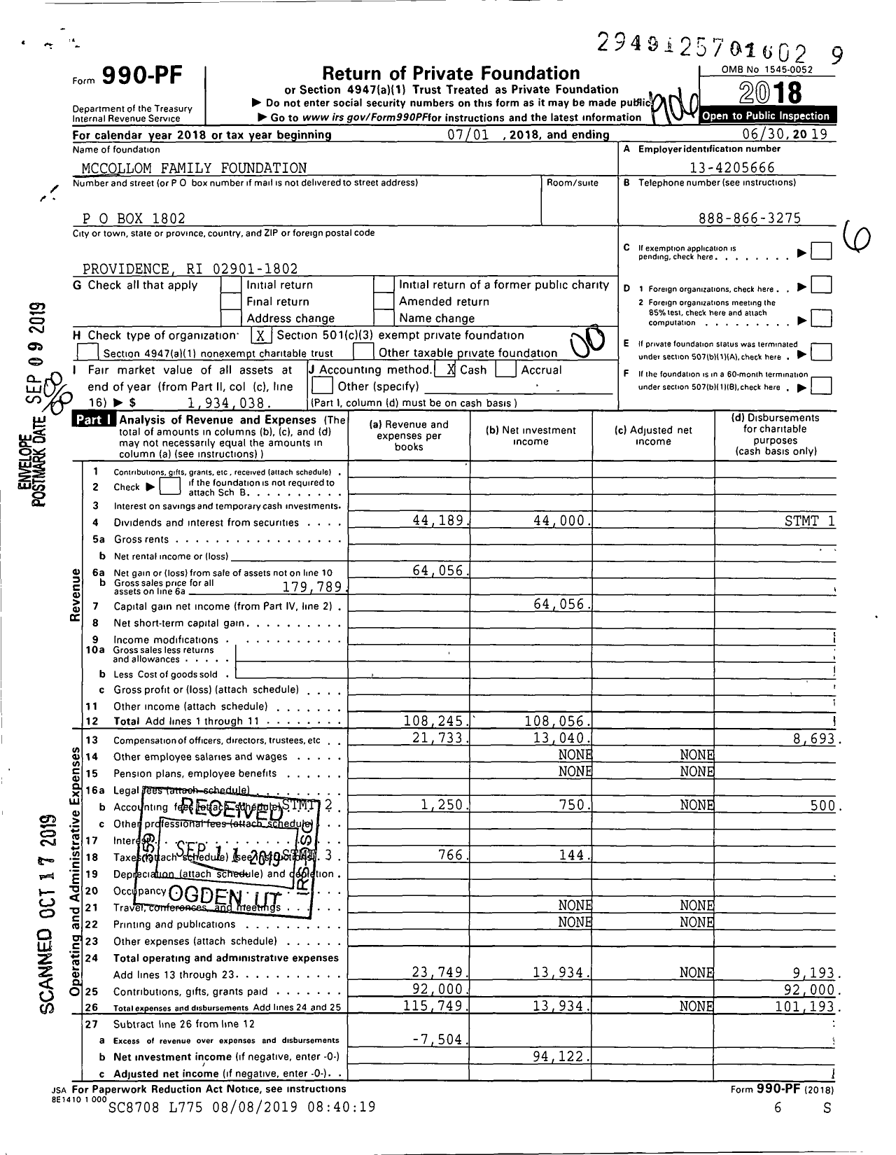 Image of first page of 2018 Form 990PF for Mccollom Family Foundation