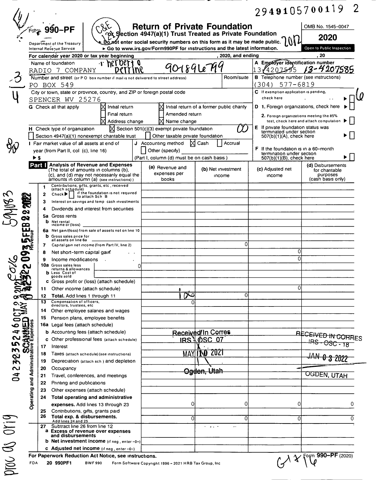 Image of first page of 2020 Form 990PF for Radio7 Company