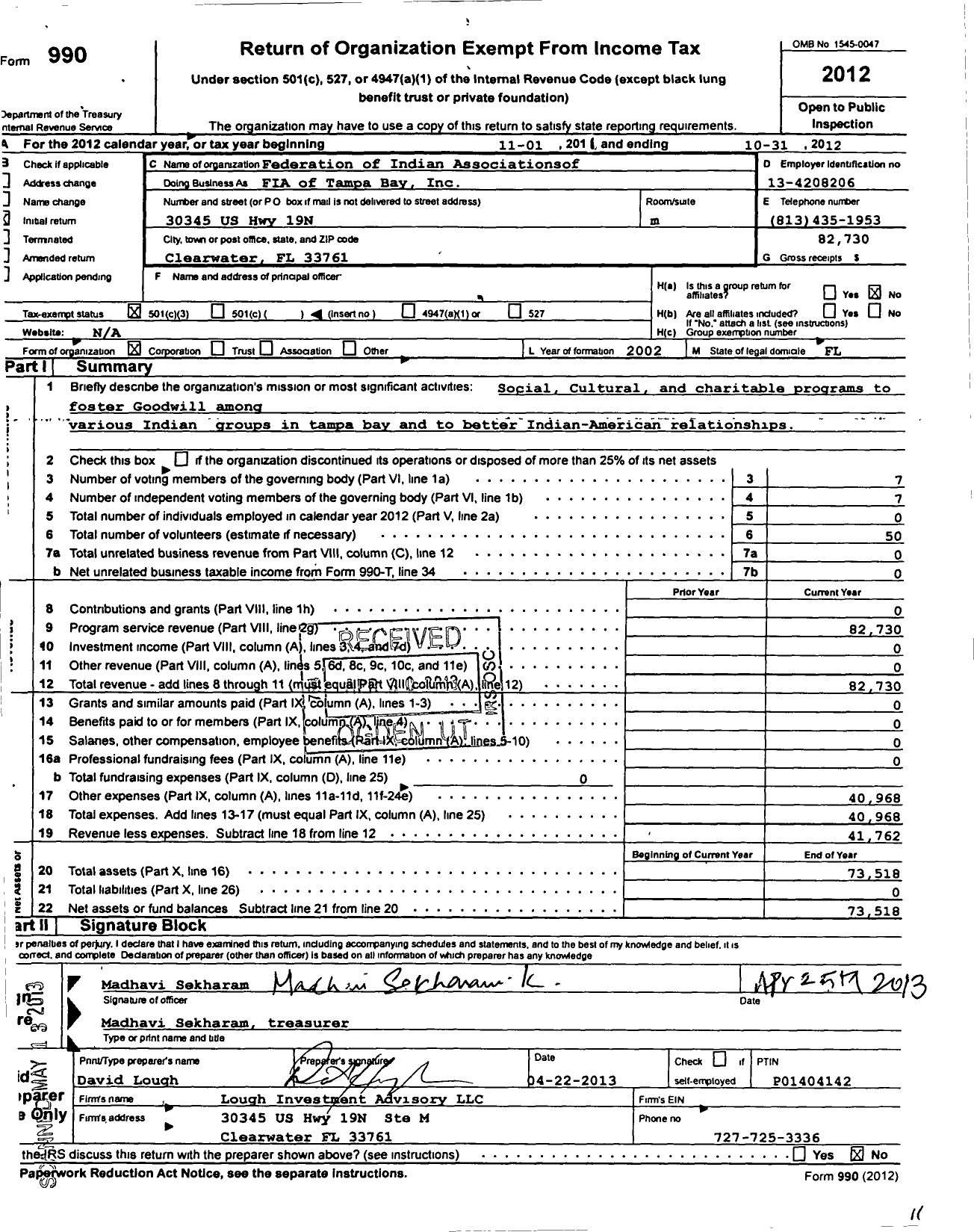 Image of first page of 2011 Form 990 for Federation of Indian Association of Tampa Bay