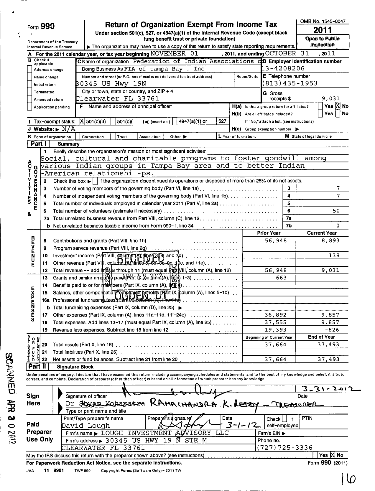 Image of first page of 2010 Form 990 for Federation of Indian Association of Tampa Bay