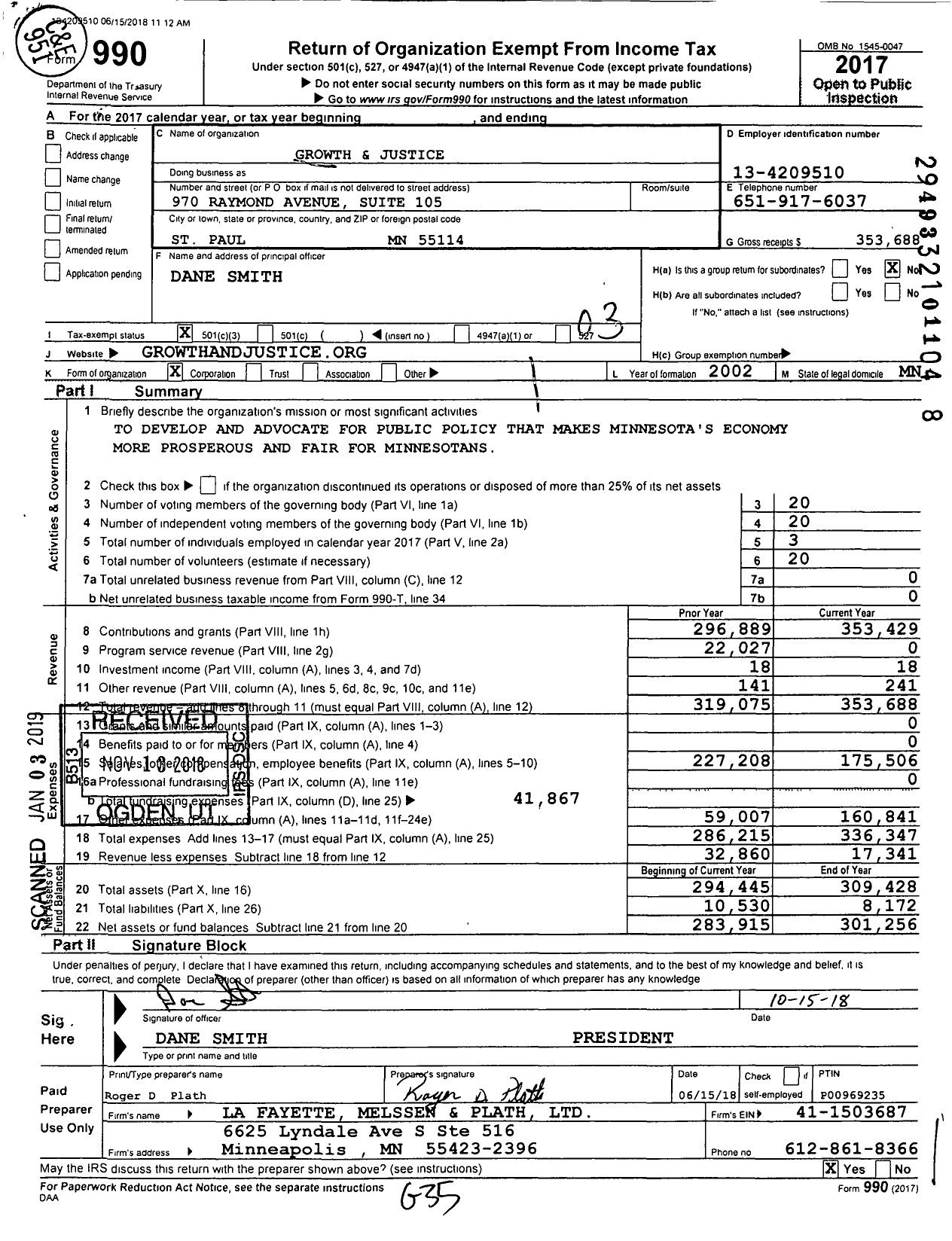 Image of first page of 2017 Form 990 for Growth and Justice