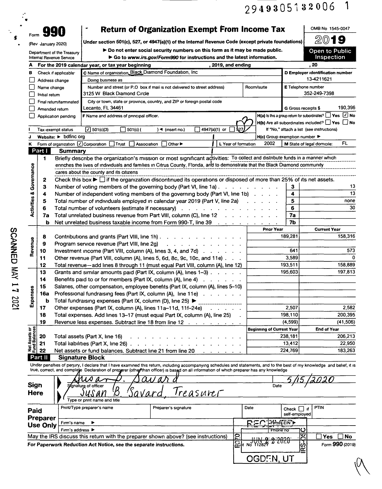 Image of first page of 2019 Form 990 for Black Diamond Foundation