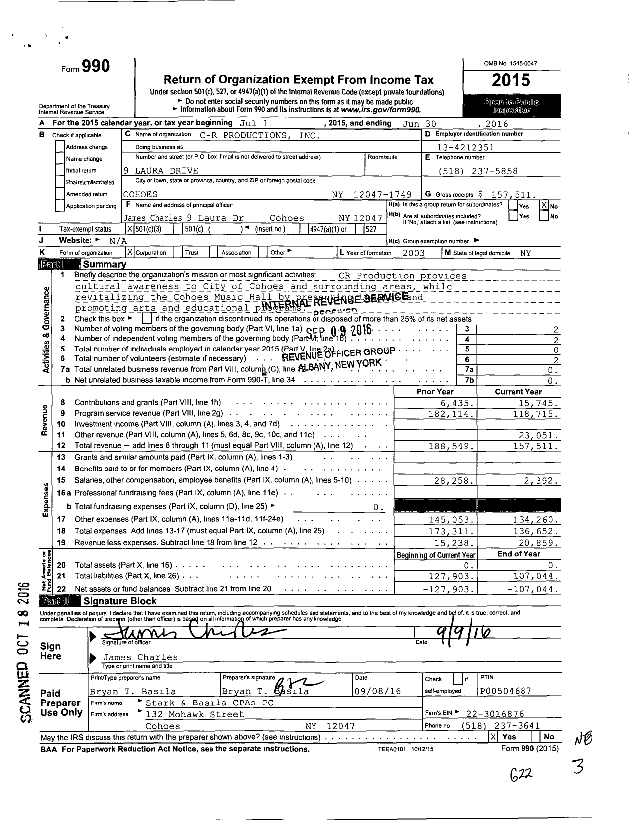 Image of first page of 2015 Form 990 for C-R Productions