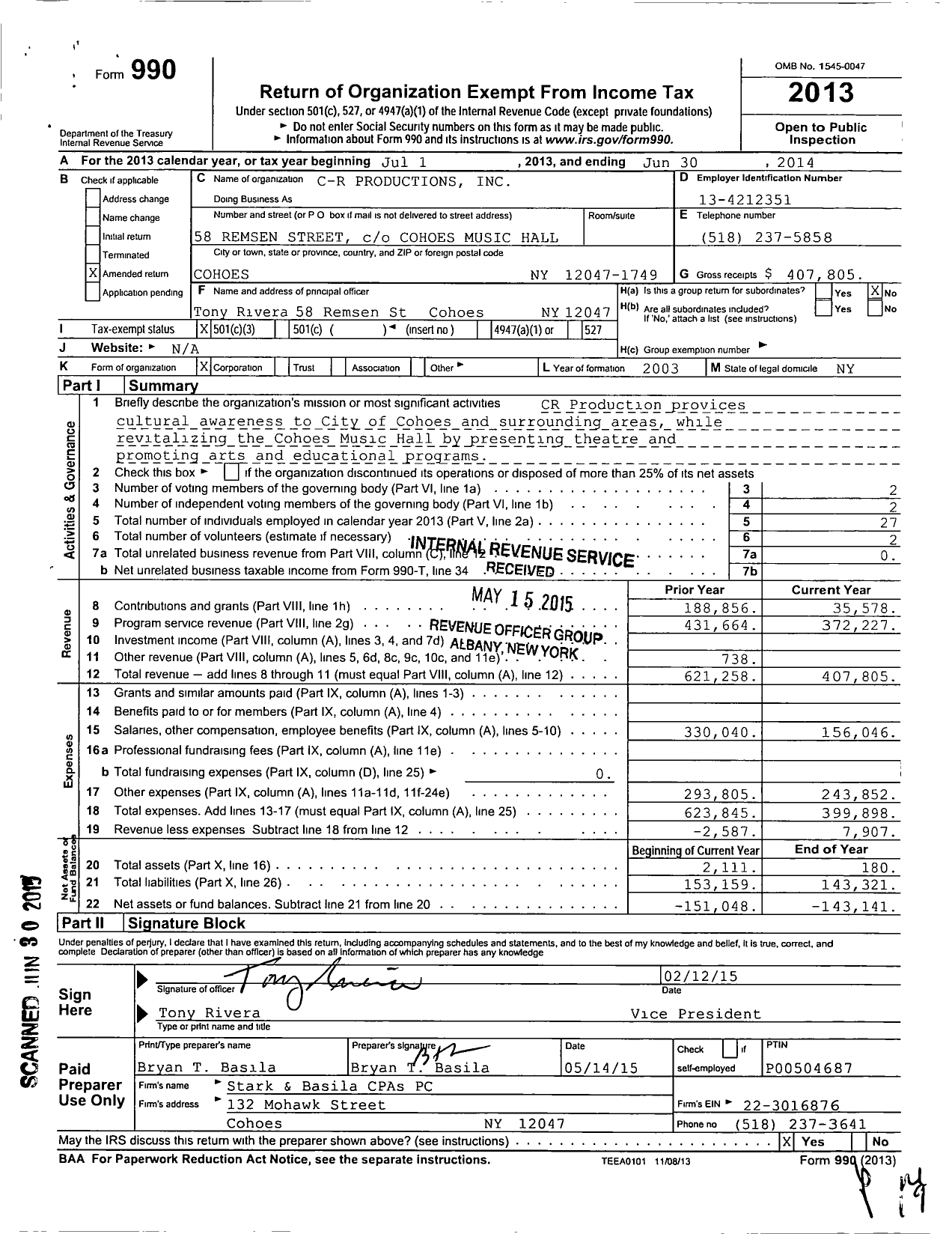 Image of first page of 2013 Form 990 for C-R Productions