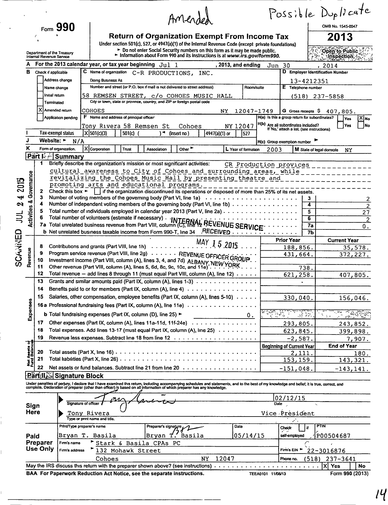 Image of first page of 2013 Form 990 for C-R Productions