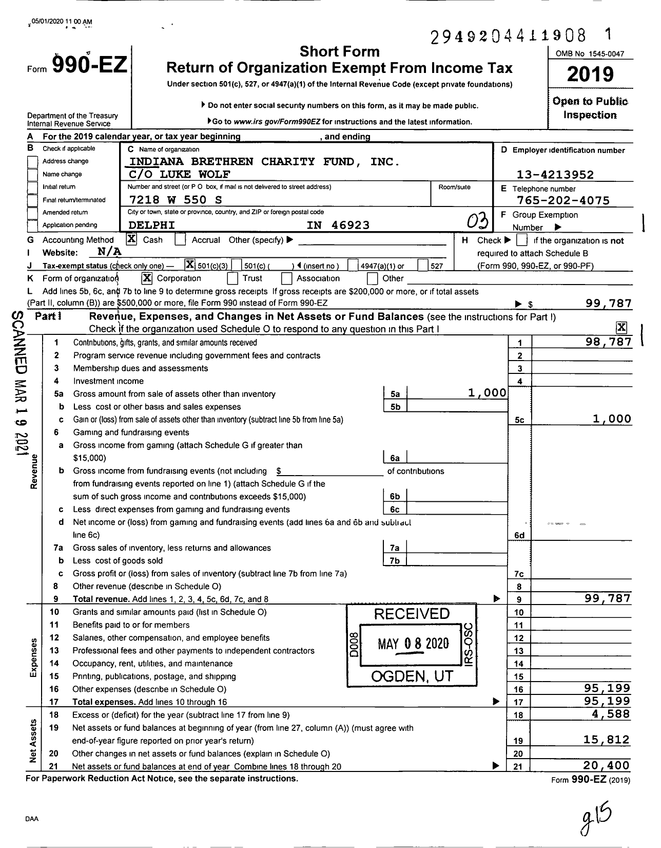 Image of first page of 2019 Form 990EZ for Indiana Brethren Charity Fund