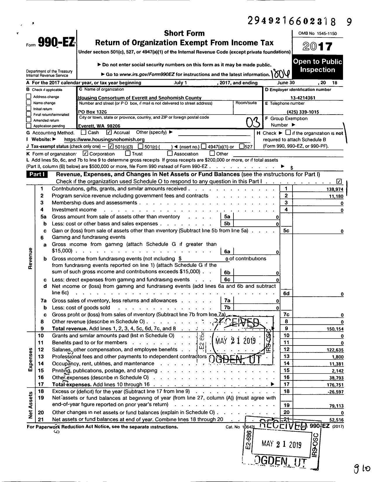 Image of first page of 2017 Form 990EZ for Housing Consortium of Everett and Snohomish County