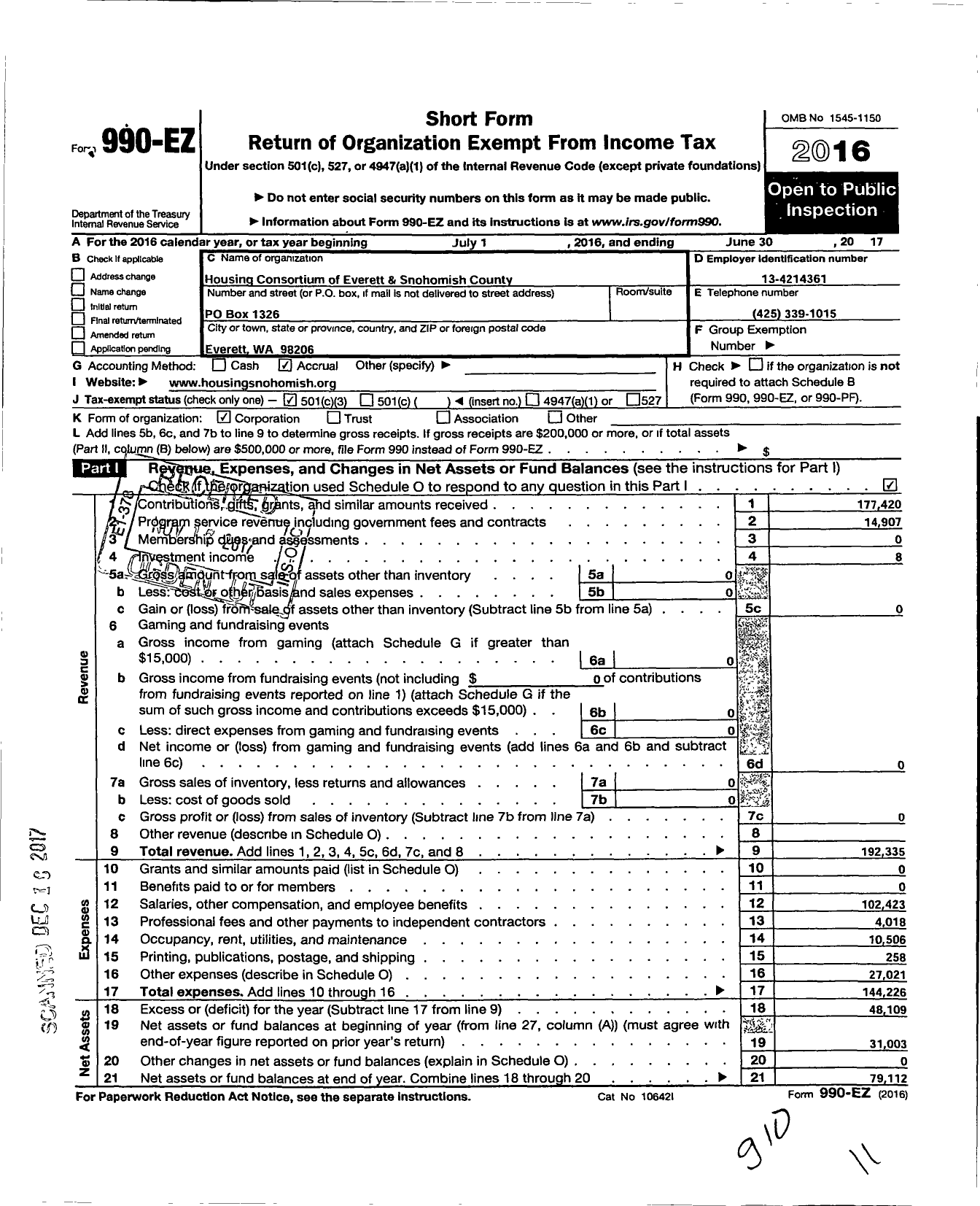 Image of first page of 2016 Form 990EZ for Housing Consortium of Everett and Snohomish County