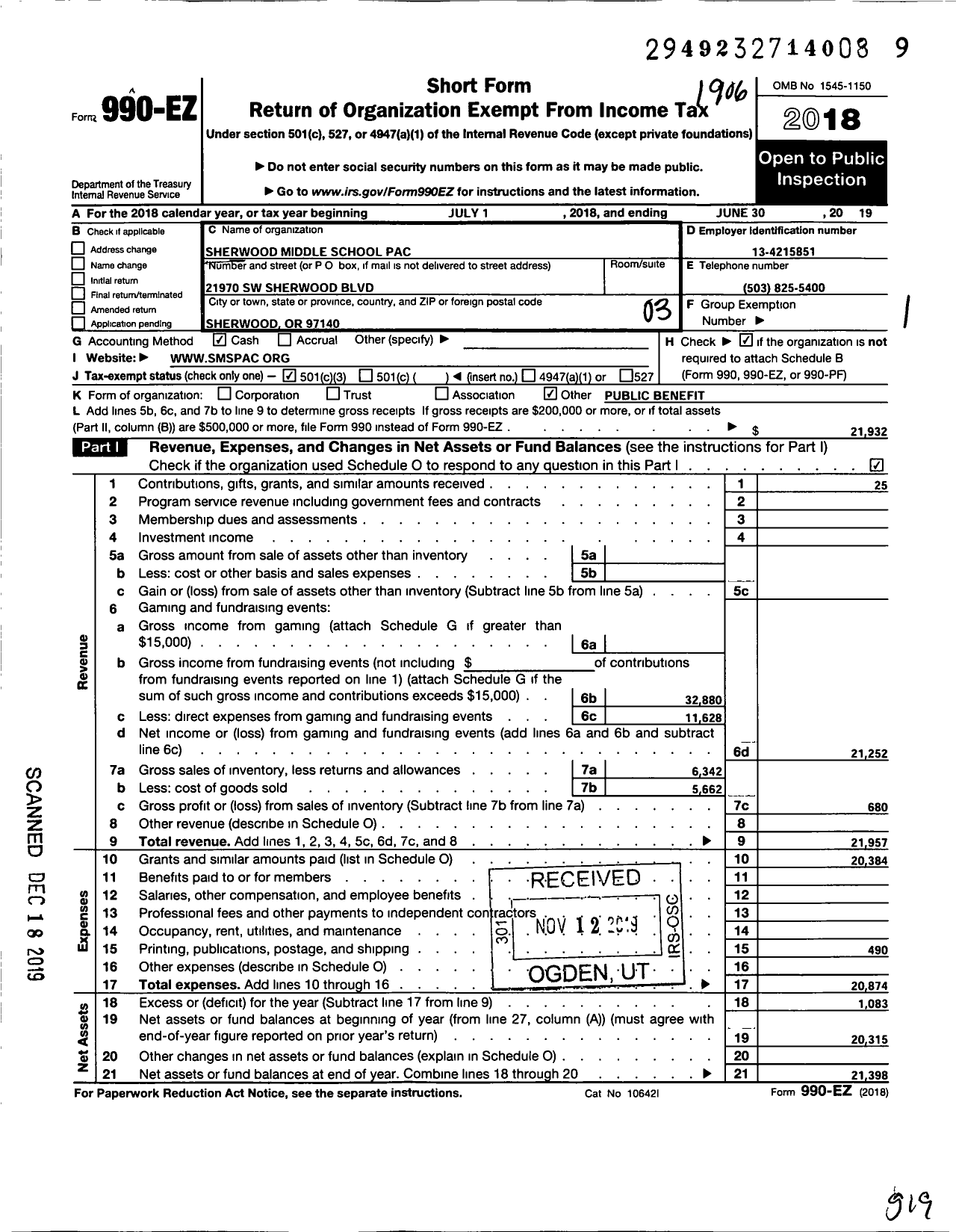 Image of first page of 2018 Form 990EZ for Sherwood Middle School Parent Support Organization