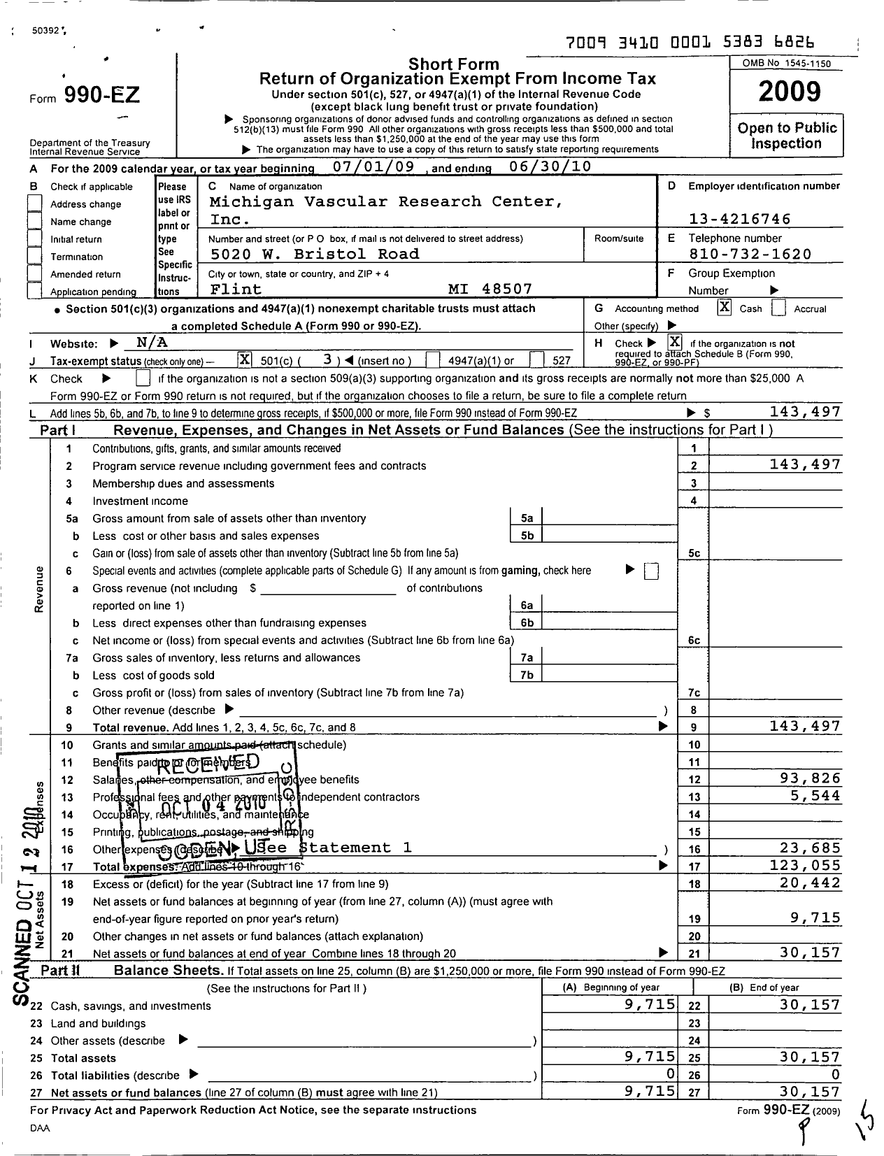 Image of first page of 2009 Form 990EZ for Michigan Vascular Research Center