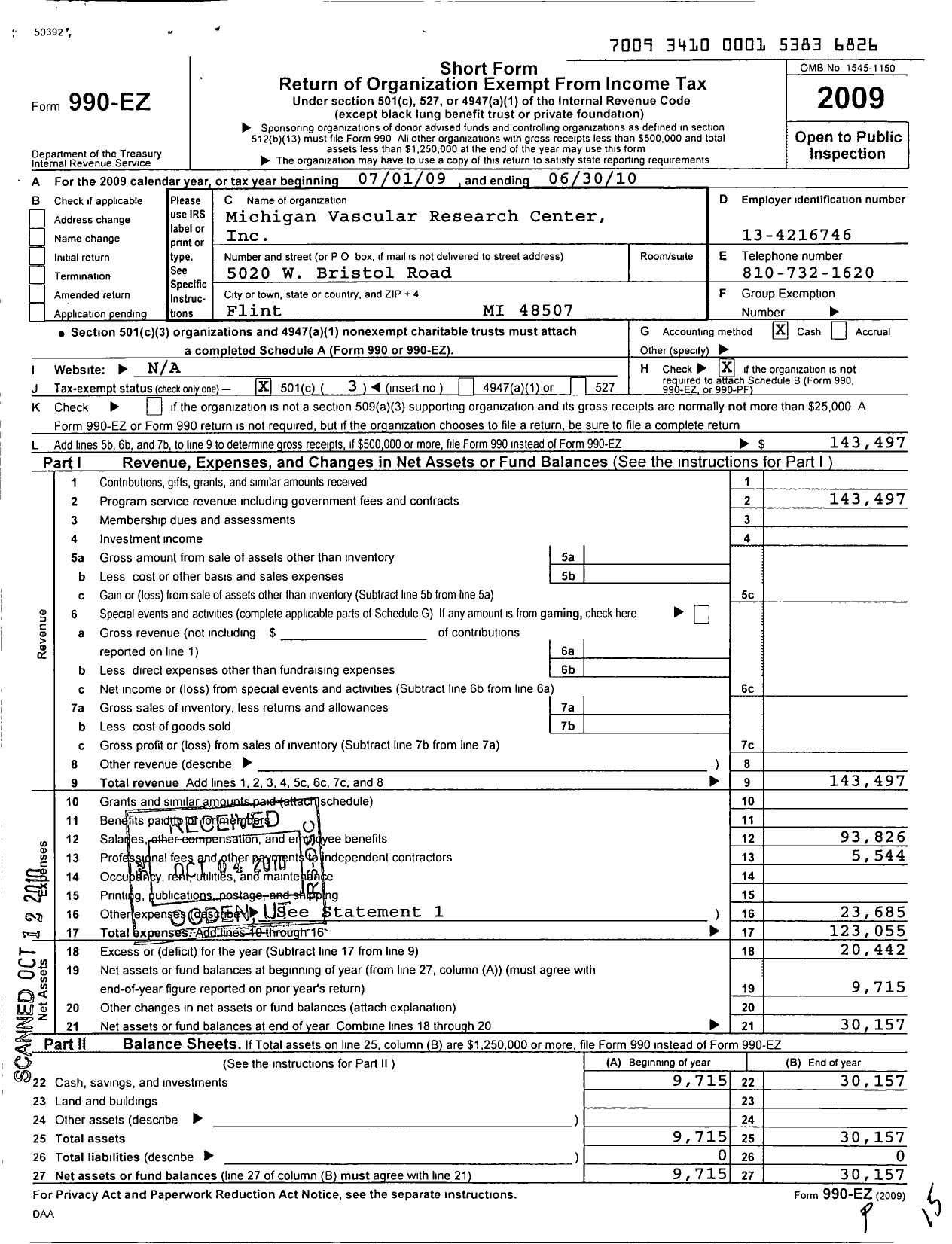 Image of first page of 2009 Form 990EZ for Michigan Vascular Research Center