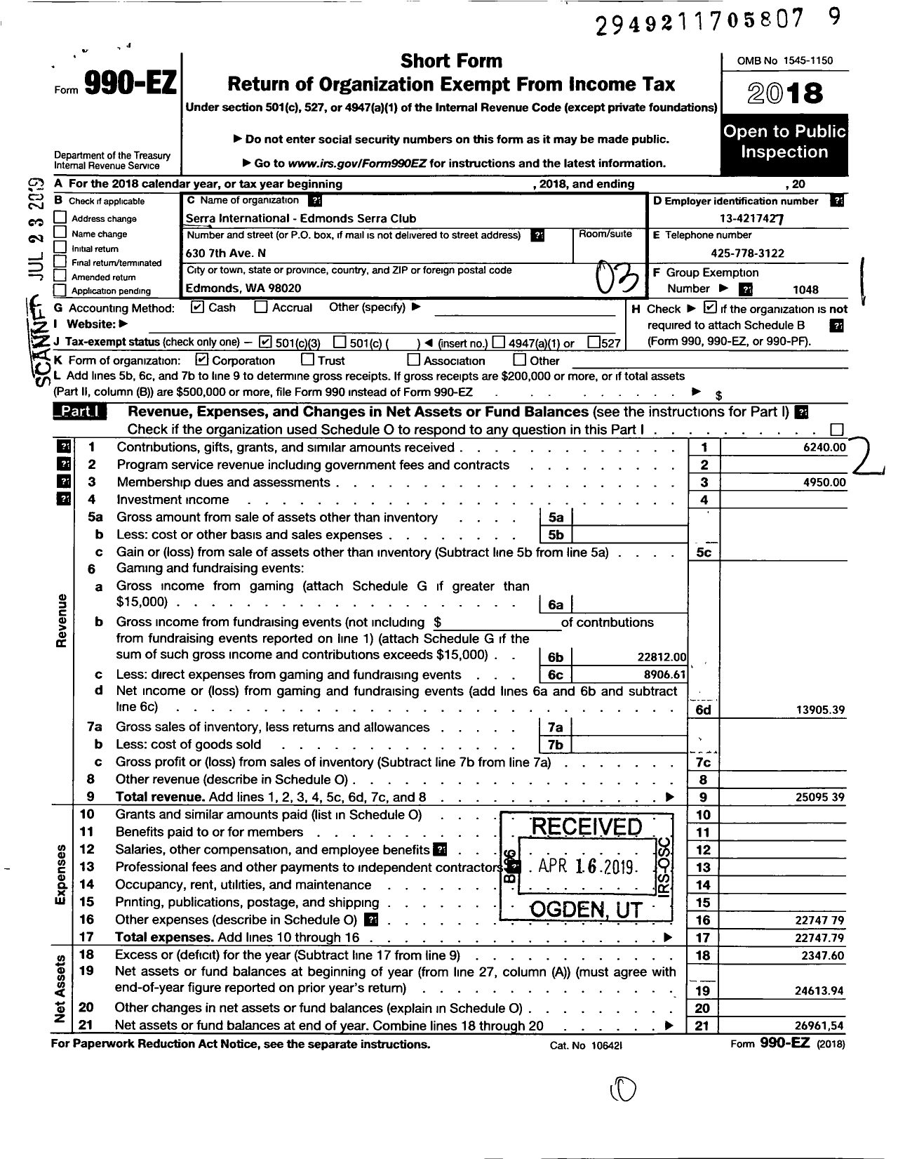 Image of first page of 2018 Form 990EZ for Serra International - 1056 Edmonds Wa