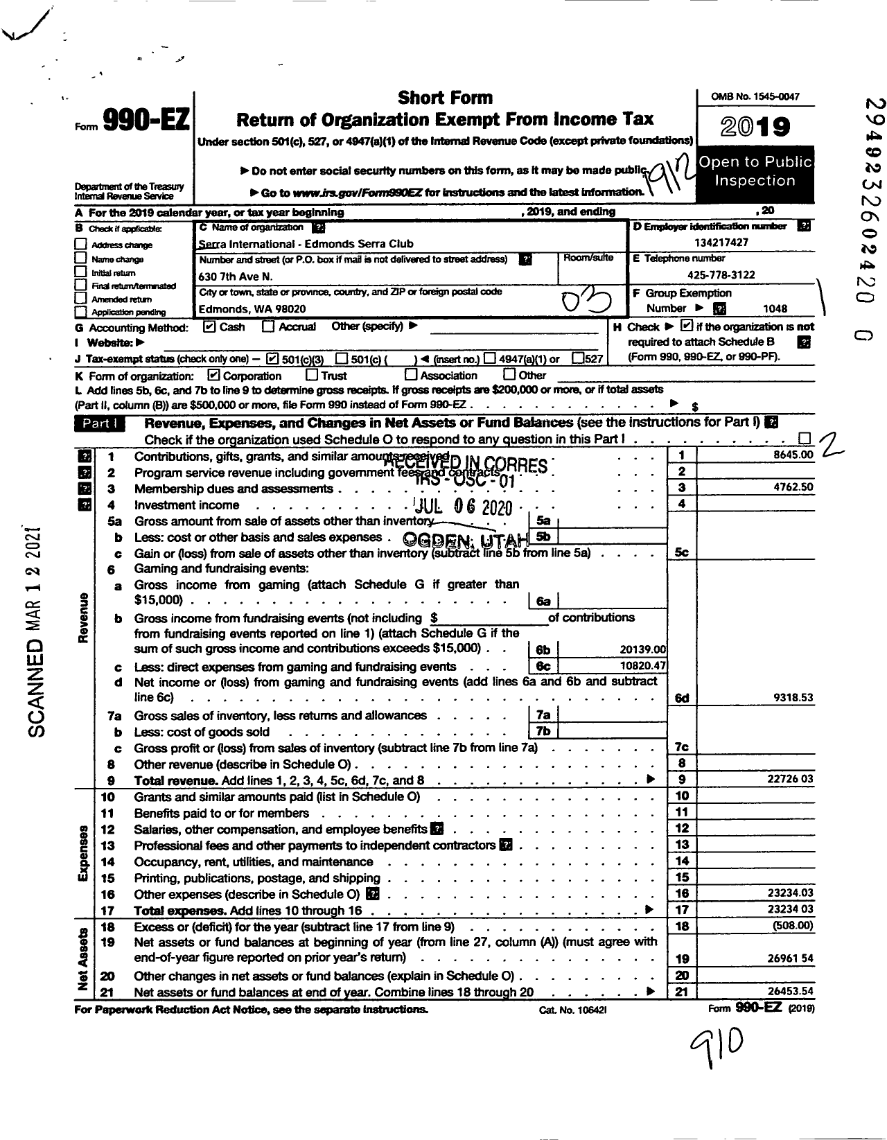 Image of first page of 2019 Form 990EZ for Serra International - 1056 Edmonds Wa