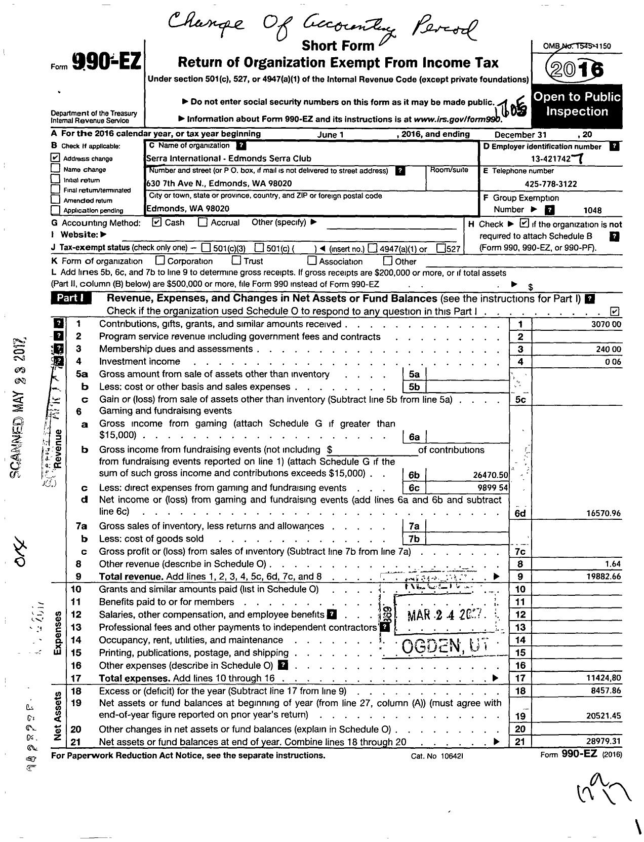 Image of first page of 2016 Form 990EO for Serra International - 1056 Edmonds Wa