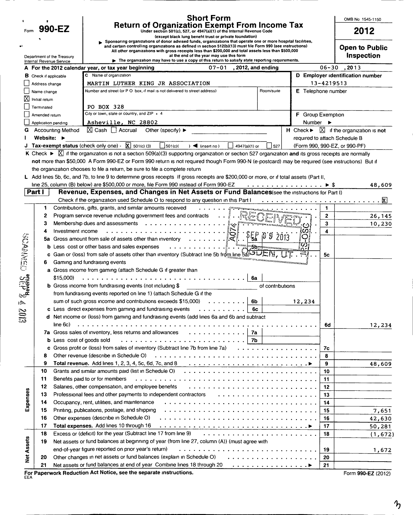 Image of first page of 2012 Form 990EZ for Martin Luther King Jr Association of Asheville & Buncombe County