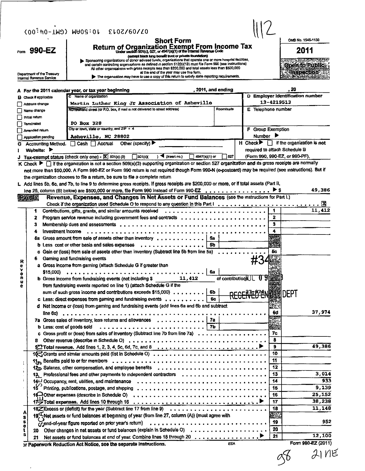 Image of first page of 2011 Form 990EZ for Martin Luther King Jr Association of Asheville & Buncombe County