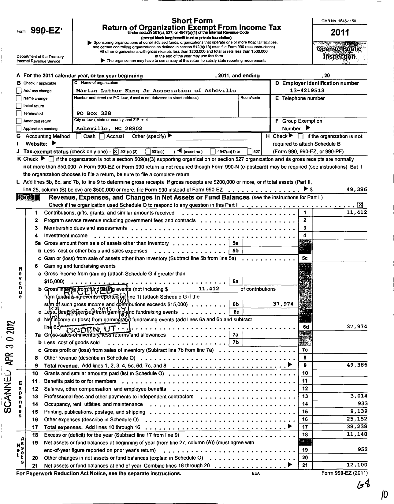 Image of first page of 2011 Form 990EZ for Martin Luther King Jr Association of Asheville & Buncombe County