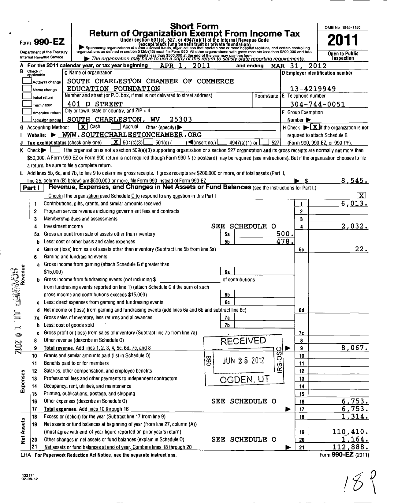 Image of first page of 2011 Form 990EZ for South Charleston Chamber of Commerce Educational Foundation in