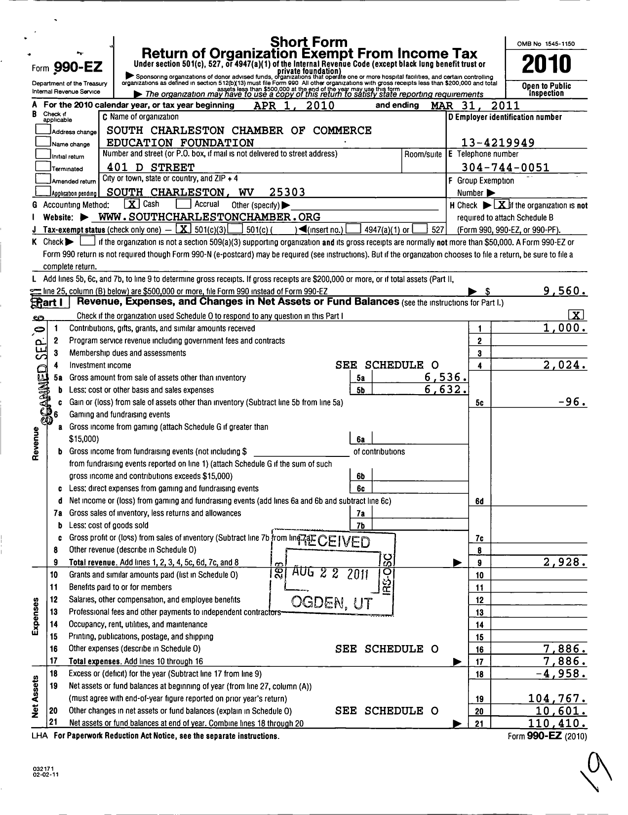 Image of first page of 2010 Form 990EZ for South Charleston Chamber of Commerce Educational Foundation in