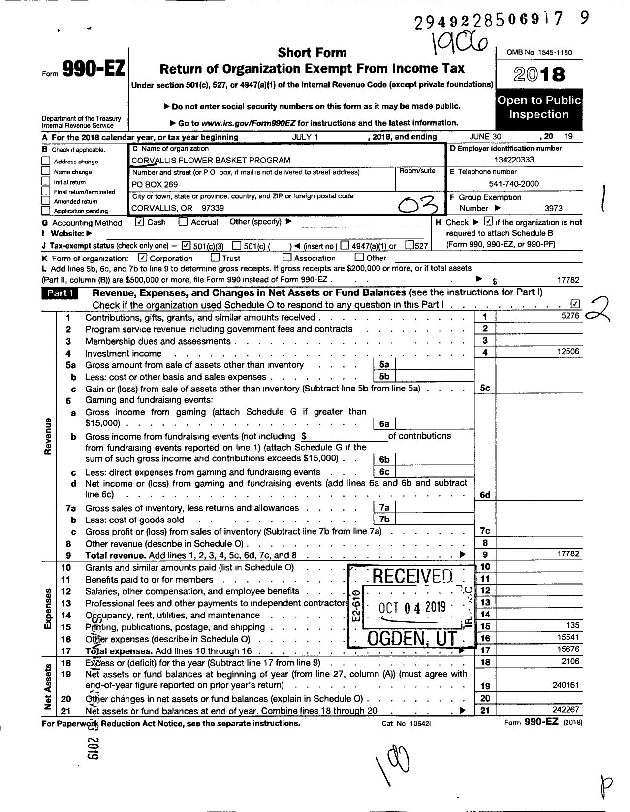 Image of first page of 2018 Form 990EZ for The Oregon State Federation of Garden Clubs / Corvallis Flower Basket Program