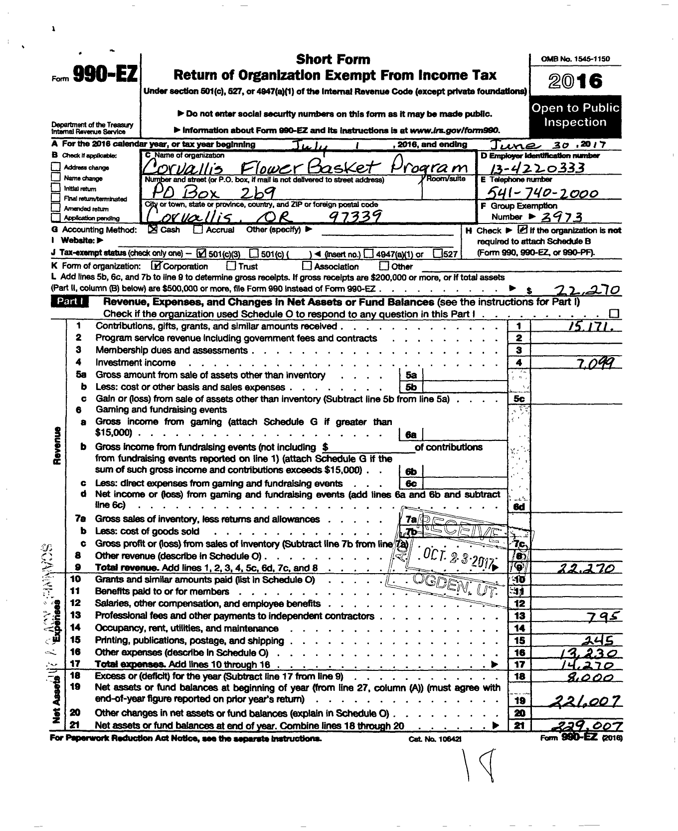 Image of first page of 2016 Form 990EZ for The Oregon State Federation of Garden Clubs / Corvallis Flower Basket Program