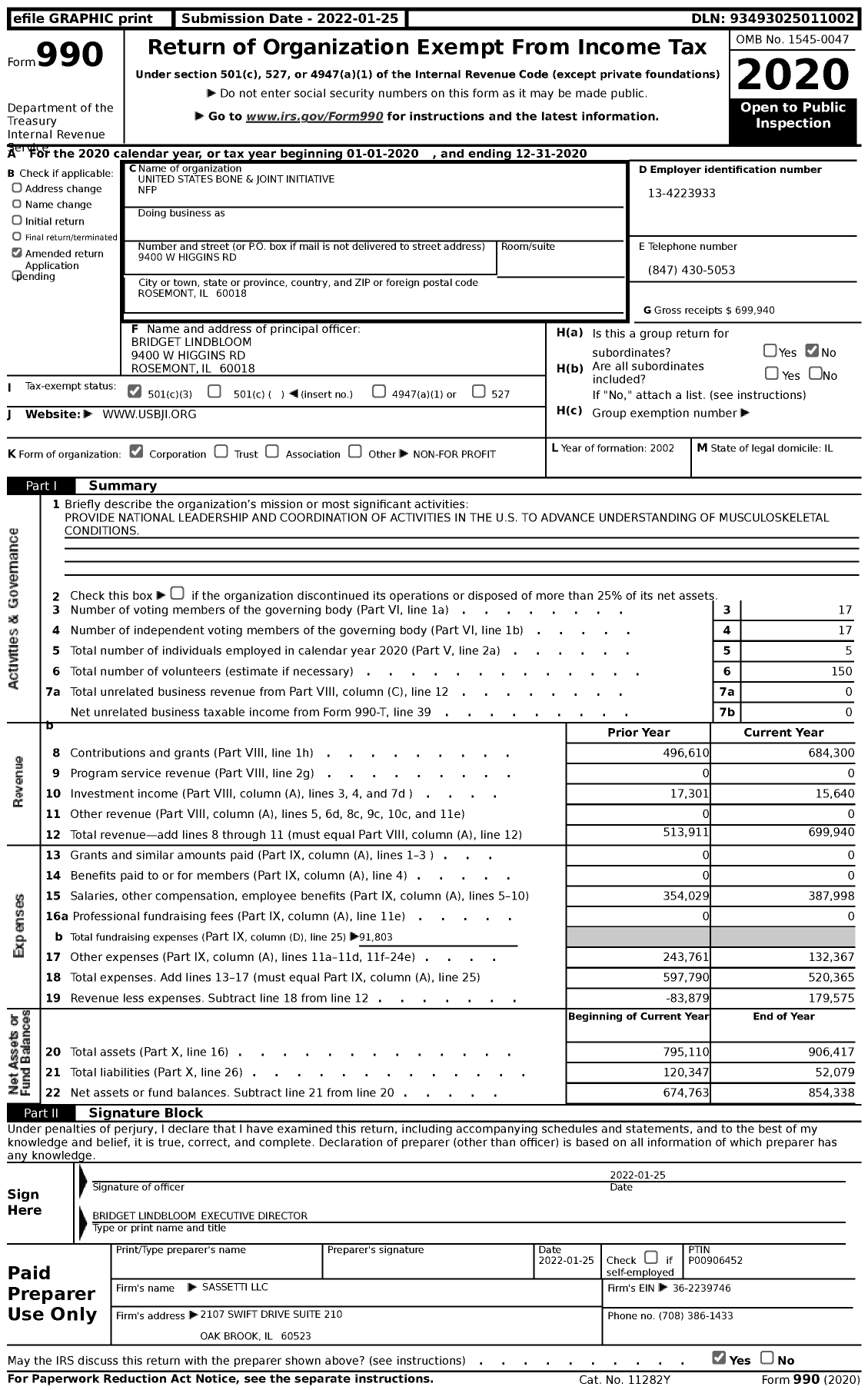 Image of first page of 2020 Form 990 for United States Bone And Joint Initiative NFP