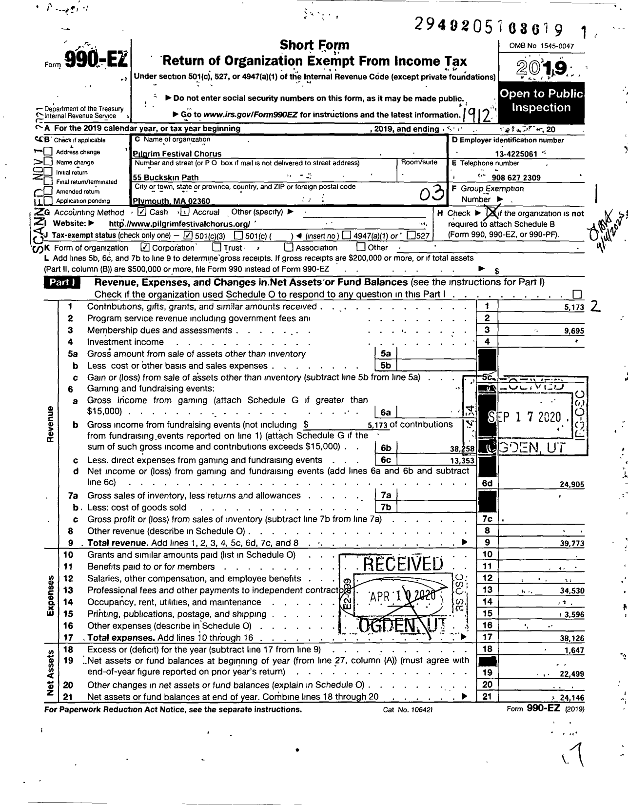 Image of first page of 2019 Form 990EZ for Pilgrim Festival Chorus