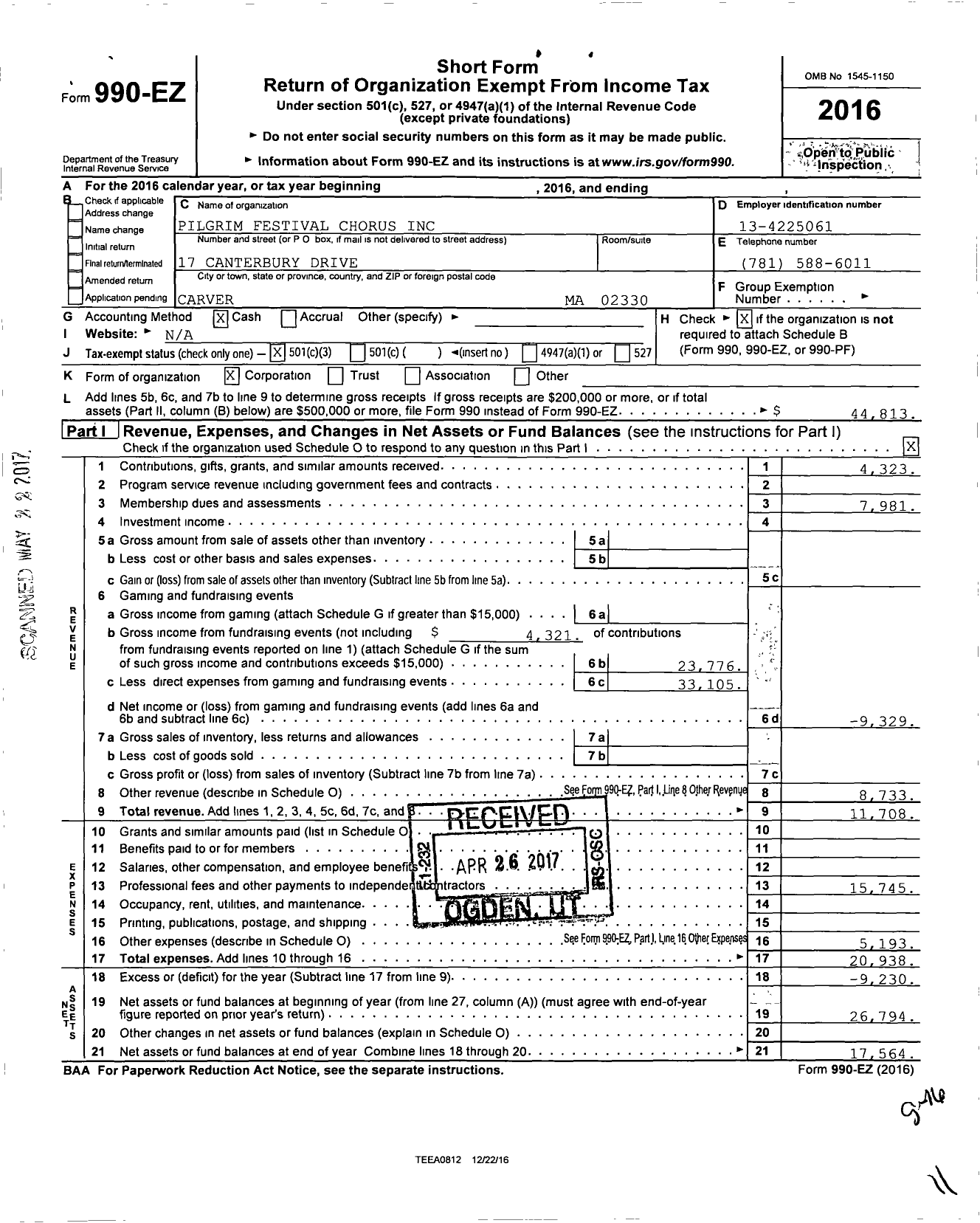 Image of first page of 2016 Form 990EZ for Pilgrim Festival Chorus