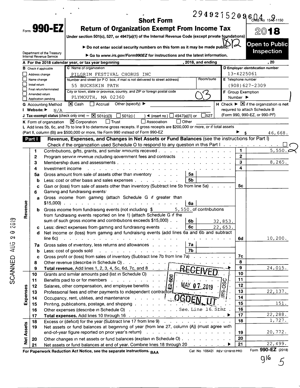 Image of first page of 2018 Form 990EZ for Pilgrim Festival Chorus