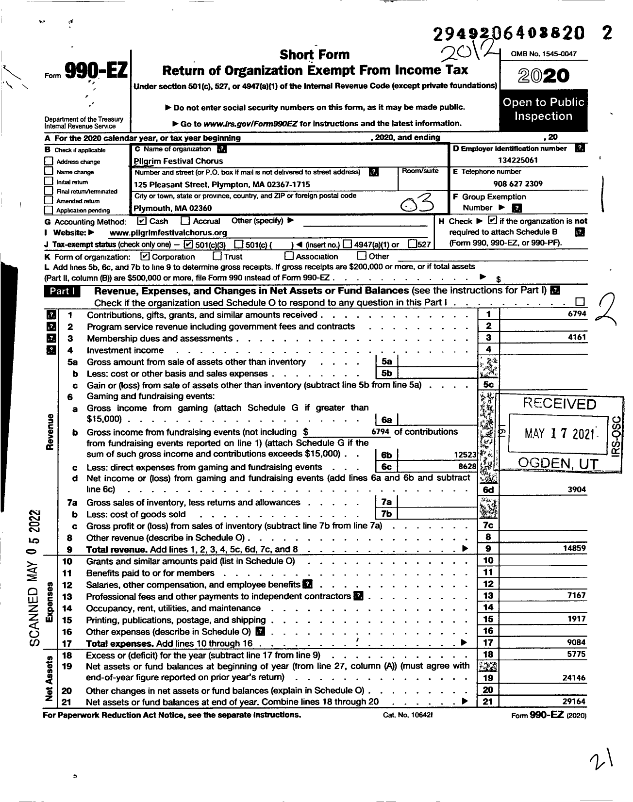 Image of first page of 2020 Form 990EZ for Pilgrim Festival Chorus