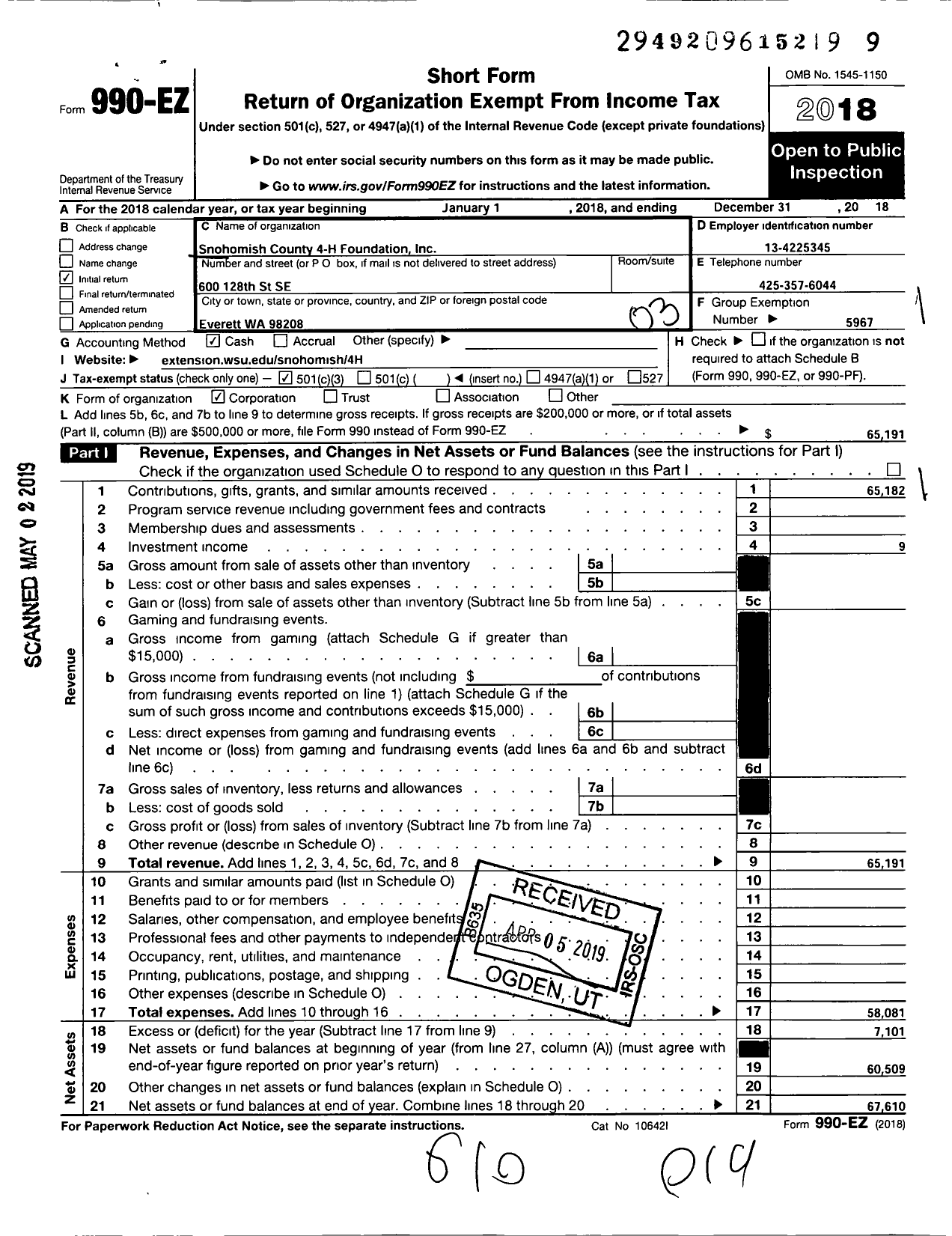 Image of first page of 2018 Form 990EZ for WASHINGTON STATE UNIVERSITY / Snohomish County 4-H Council