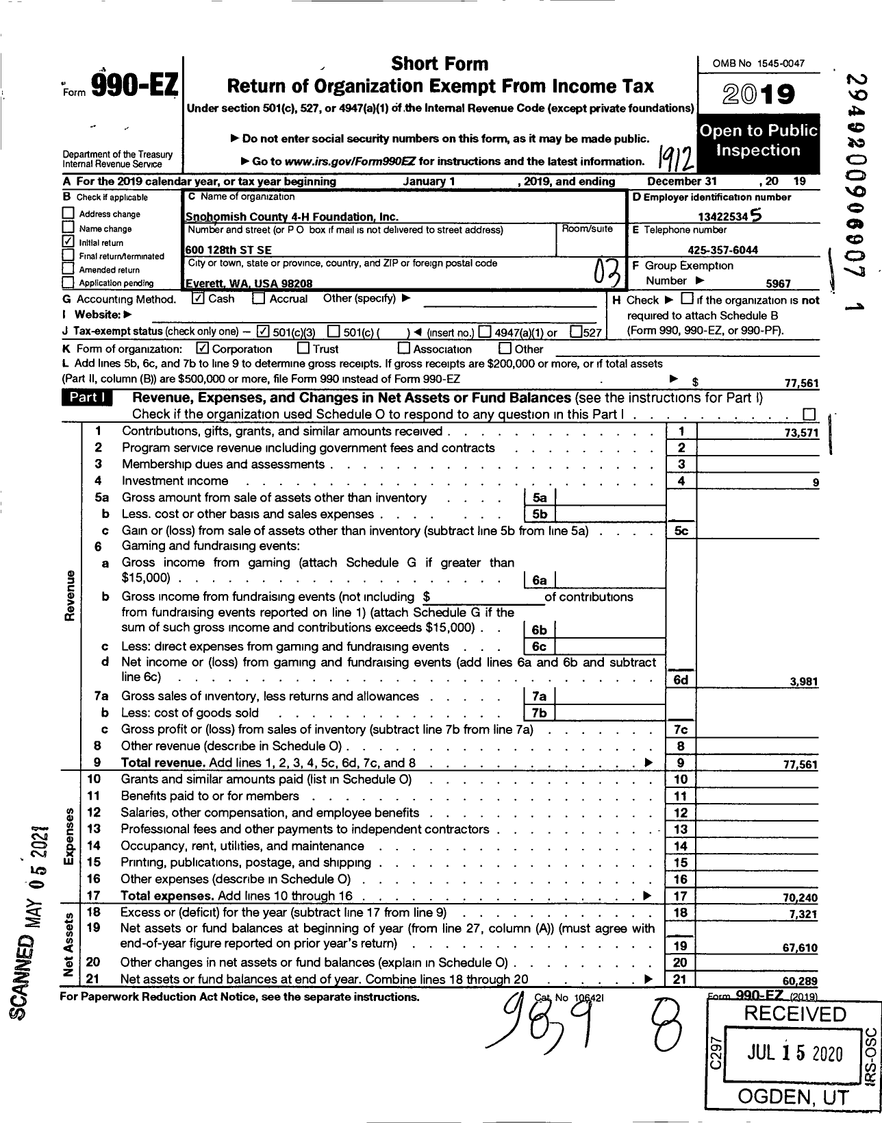 Image of first page of 2019 Form 990EZ for WASHINGTON STATE UNIVERSITY / Snohomish County 4-H Council