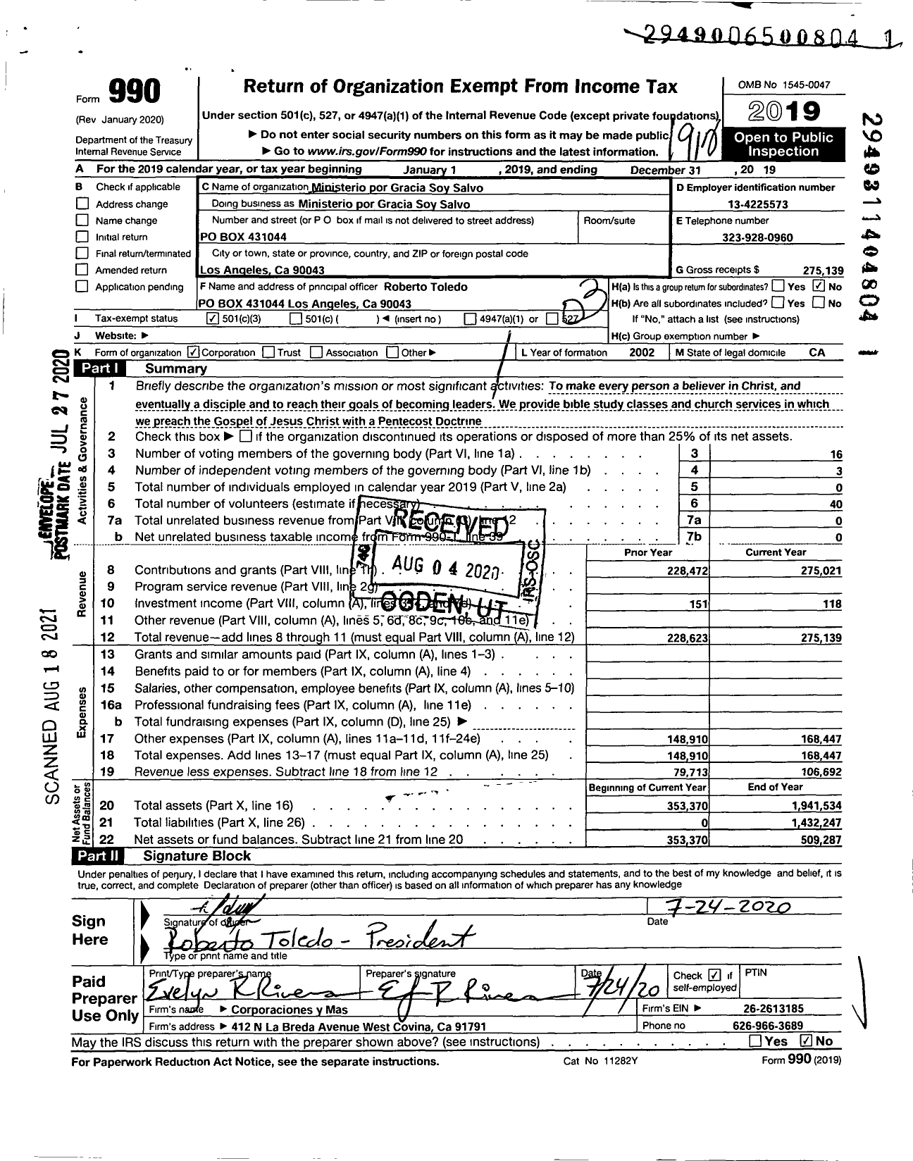 Image of first page of 2019 Form 990 for Ministerio por Gracia Soy Salvo