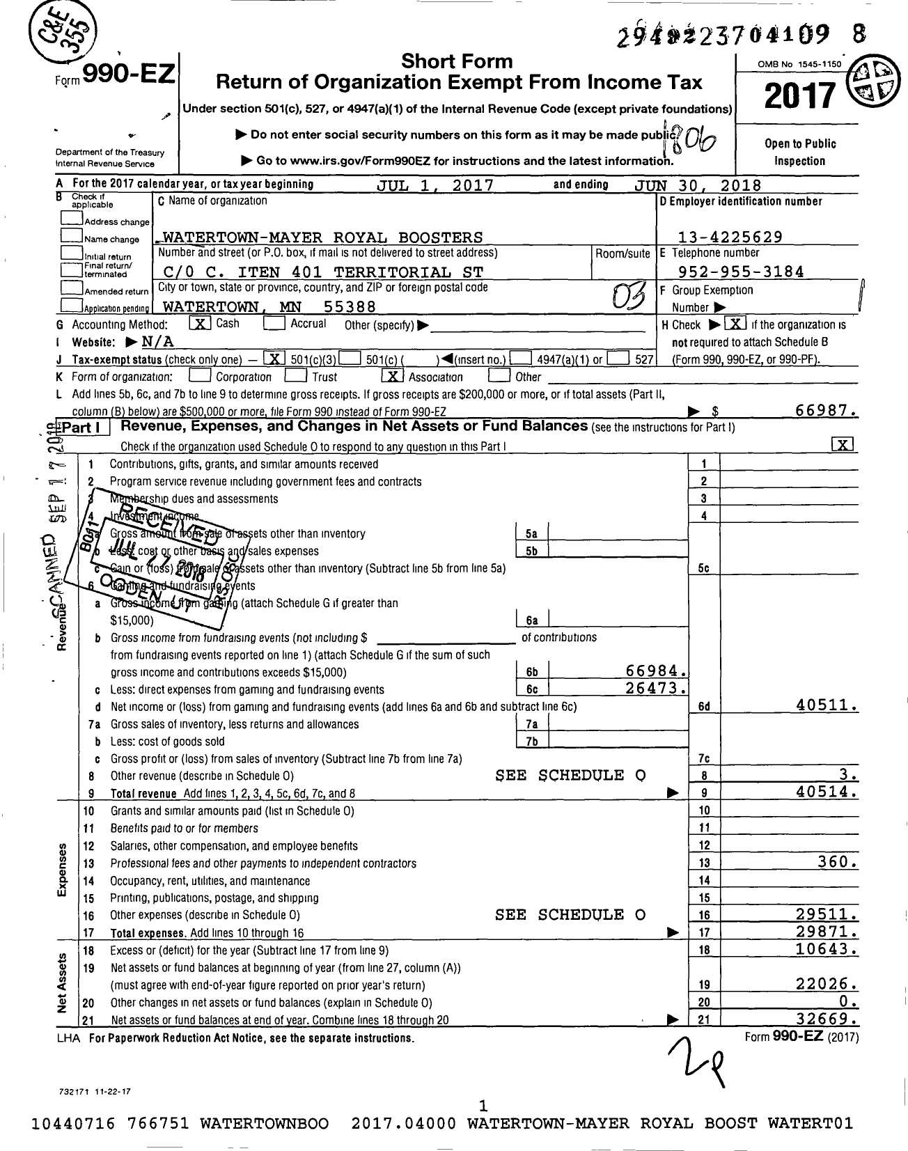 Image of first page of 2017 Form 990EZ for Watertown-Mayer Royal Boosters