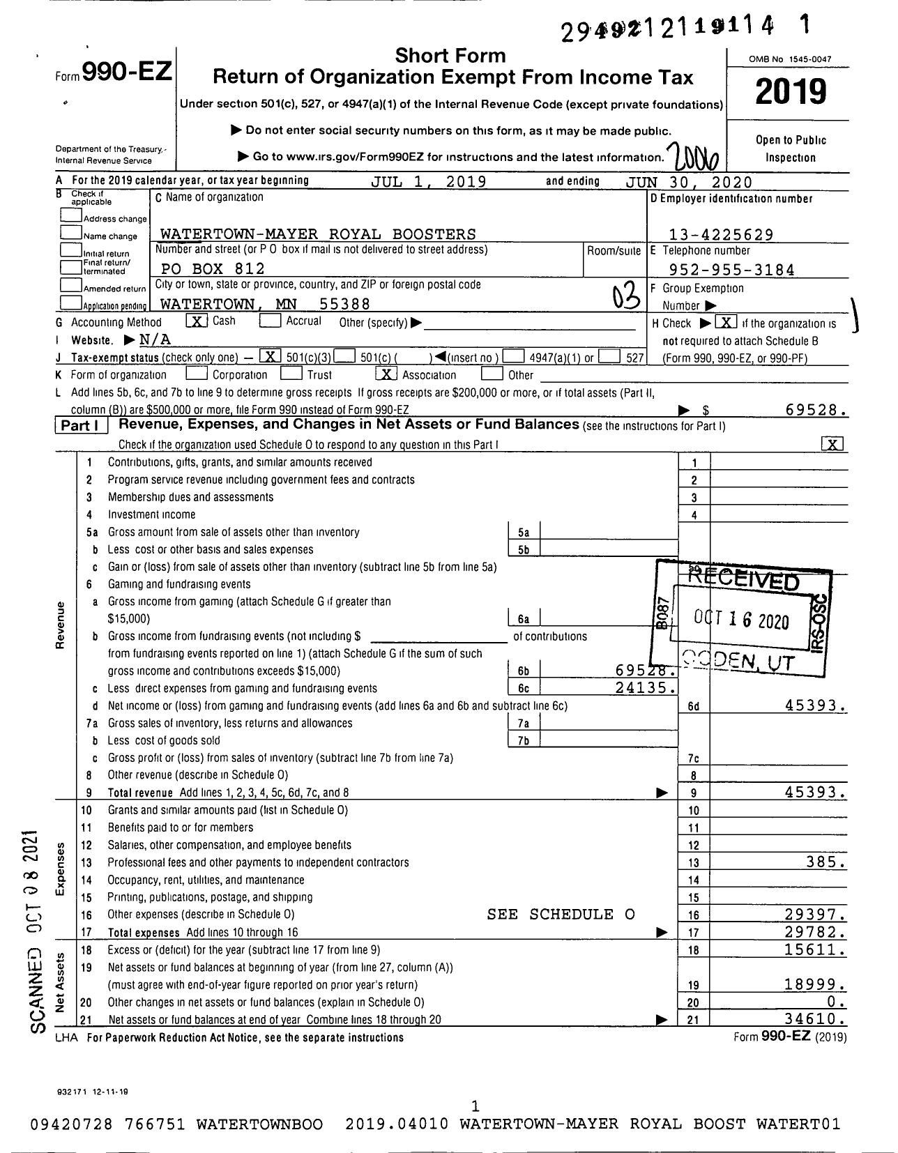 Image of first page of 2019 Form 990EZ for Watertown-Mayer Royal Boosters