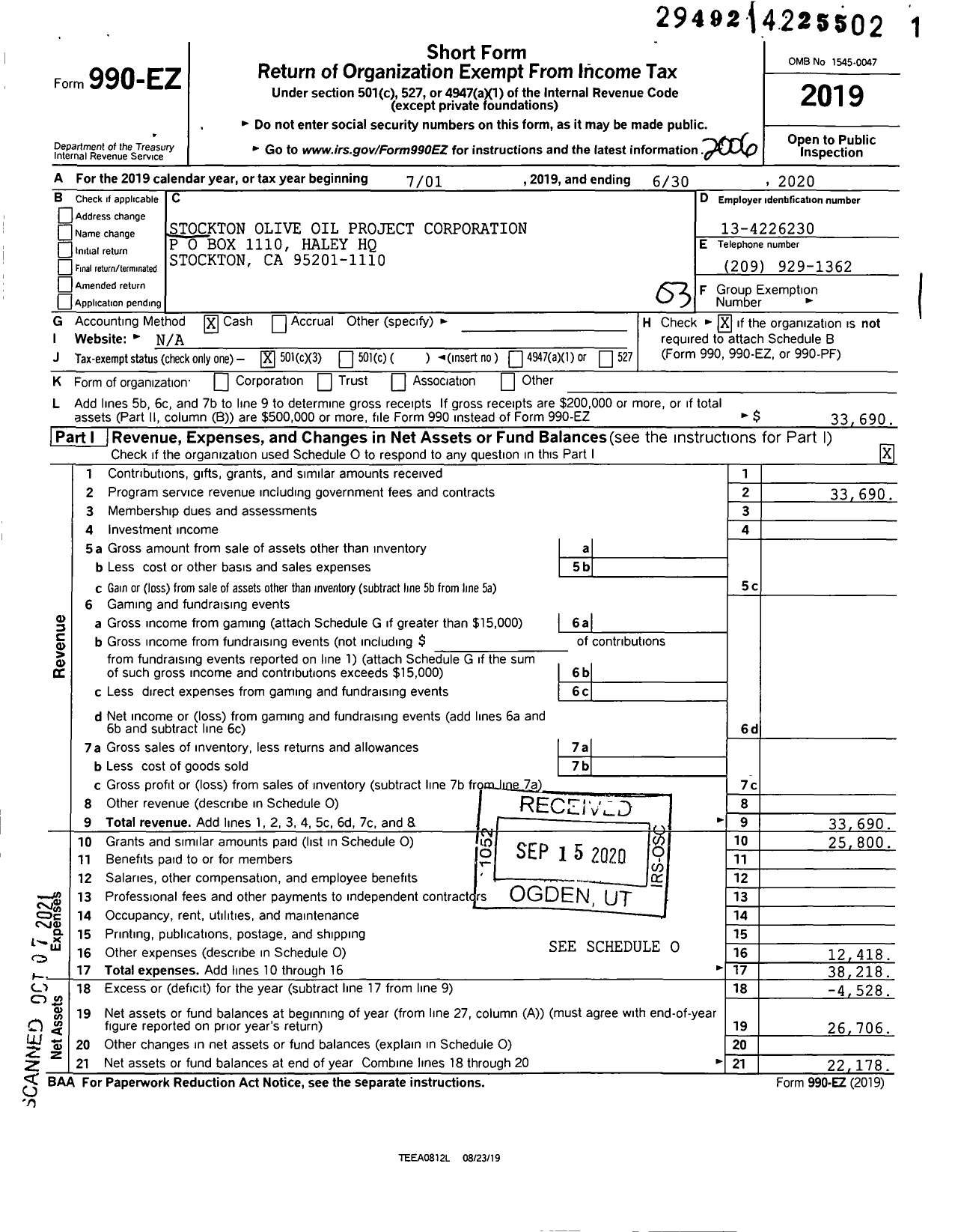 Image of first page of 2019 Form 990EZ for Stockton Olive Oil Project Corporation