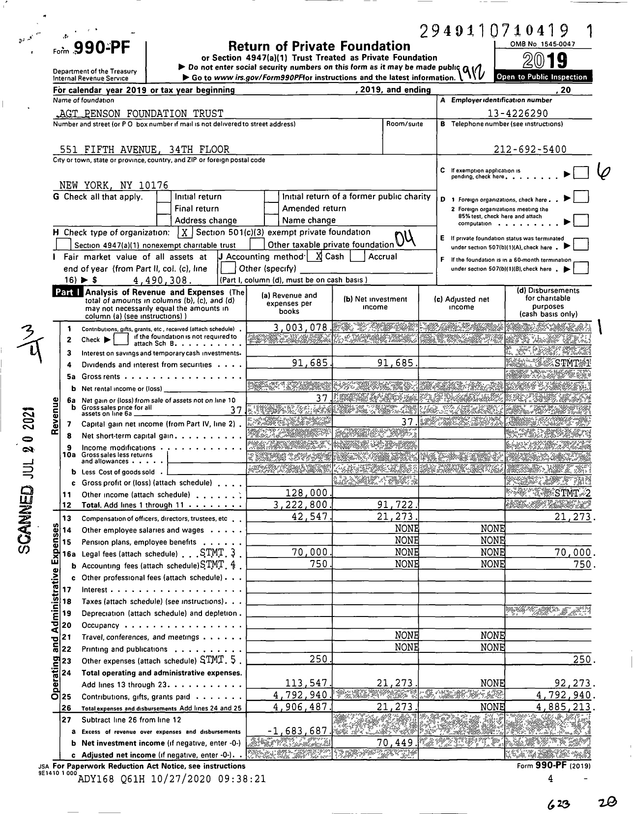 Image of first page of 2019 Form 990PF for Agt Penson Foundation Trust