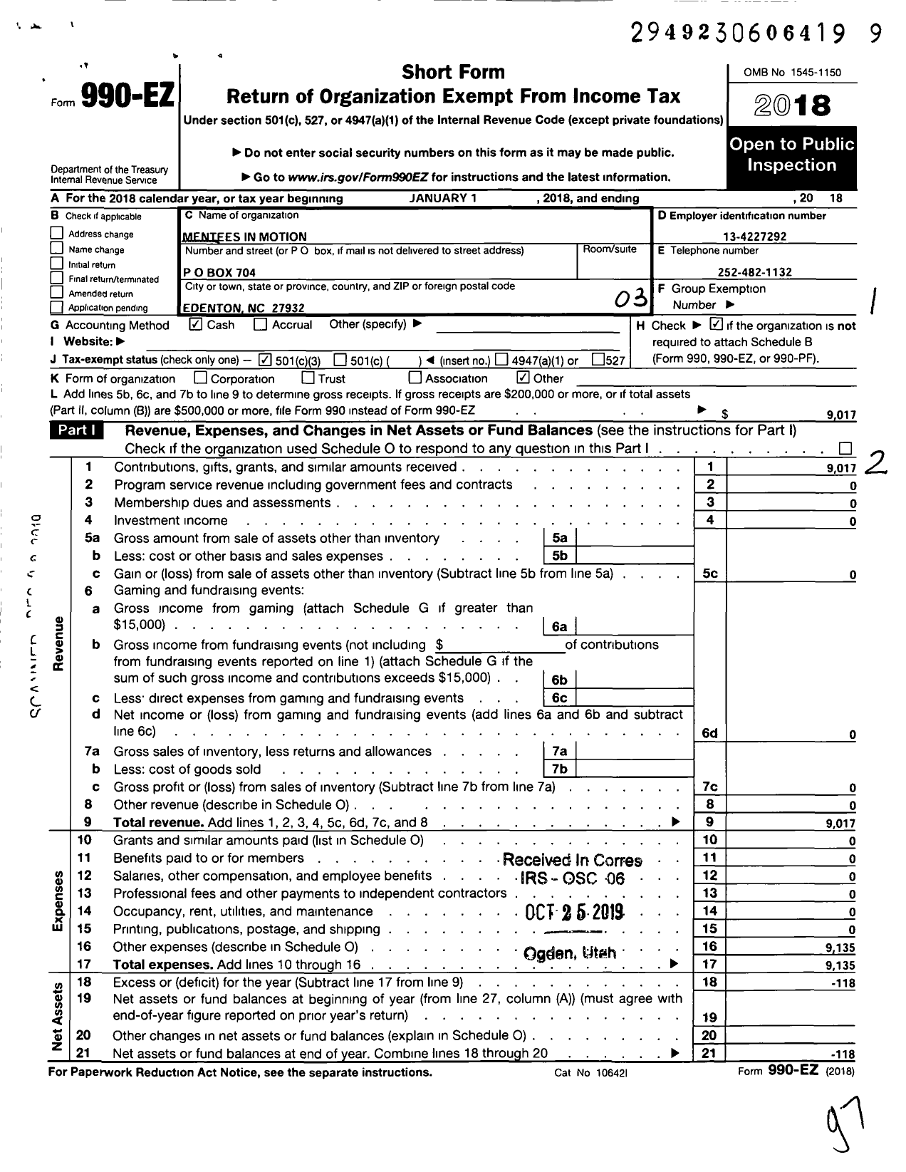 Image of first page of 2018 Form 990EZ for Mentees in Motion