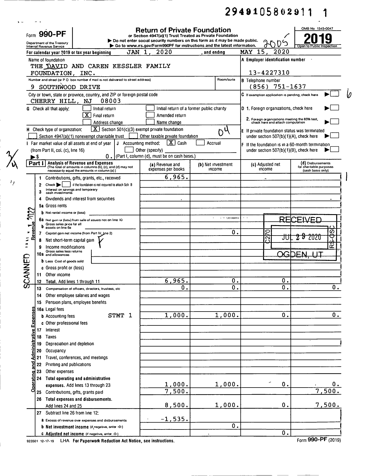 Image of first page of 2019 Form 990PF for The David and Caren Kessler Family Foundation