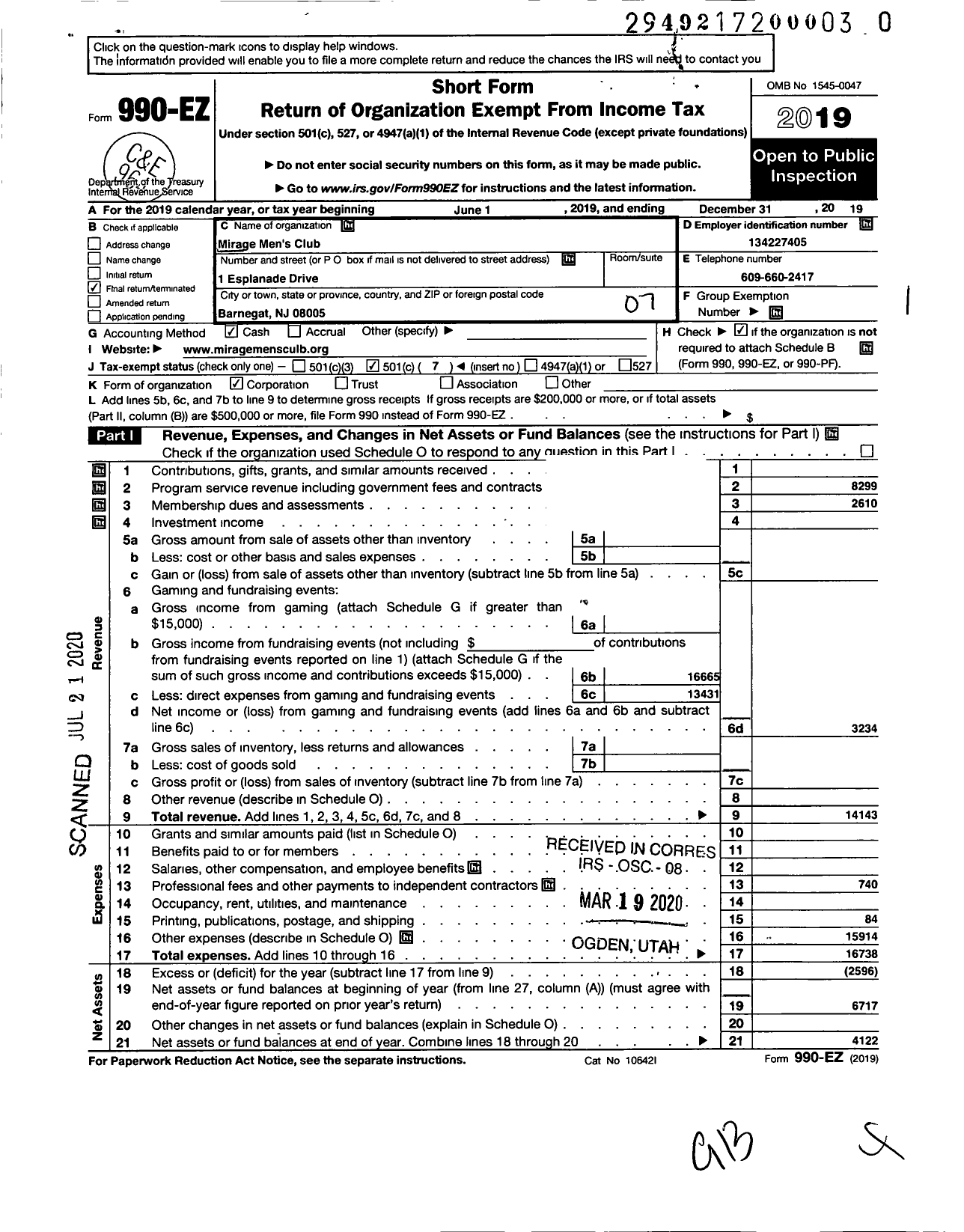 Image of first page of 2019 Form 990EO for Mirage Mens Club