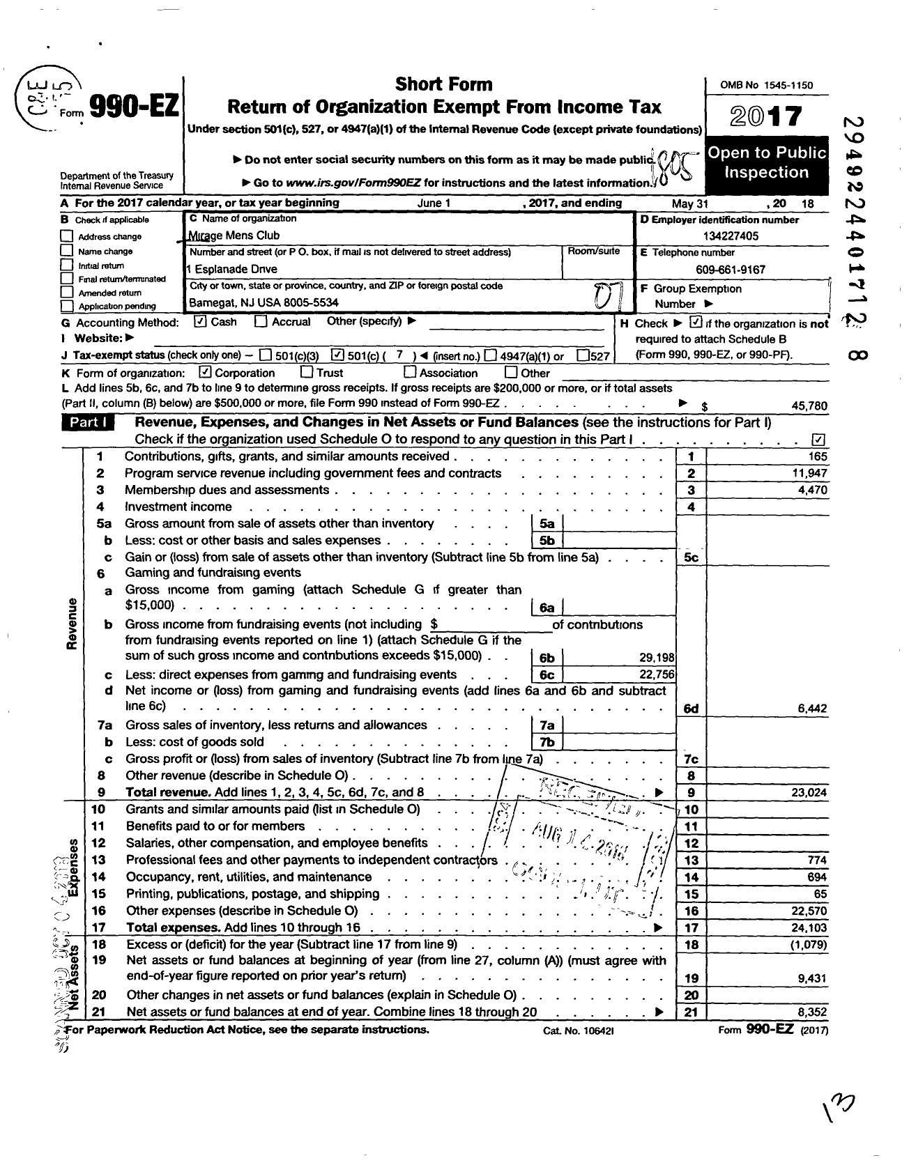 Image of first page of 2017 Form 990EO for Mirage Mens Club