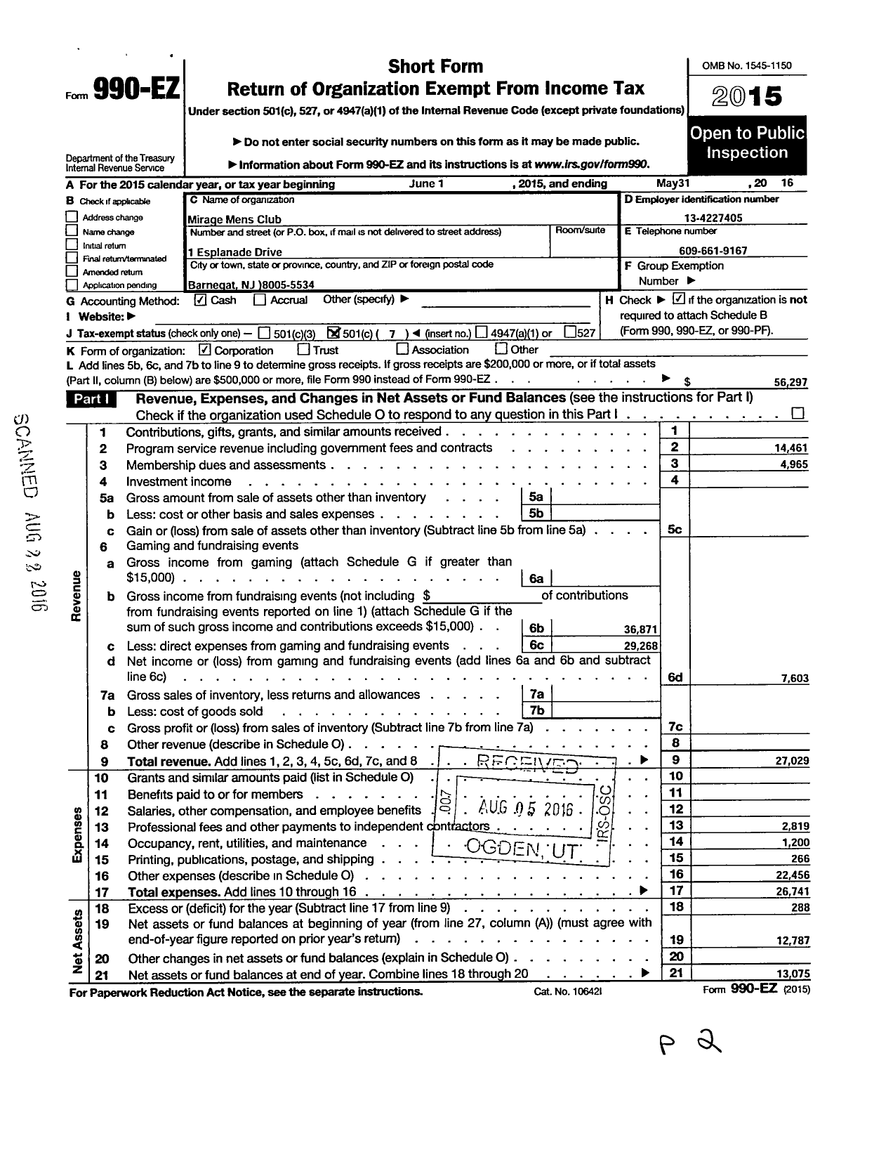 Image of first page of 2015 Form 990EO for Mirage Mens Club