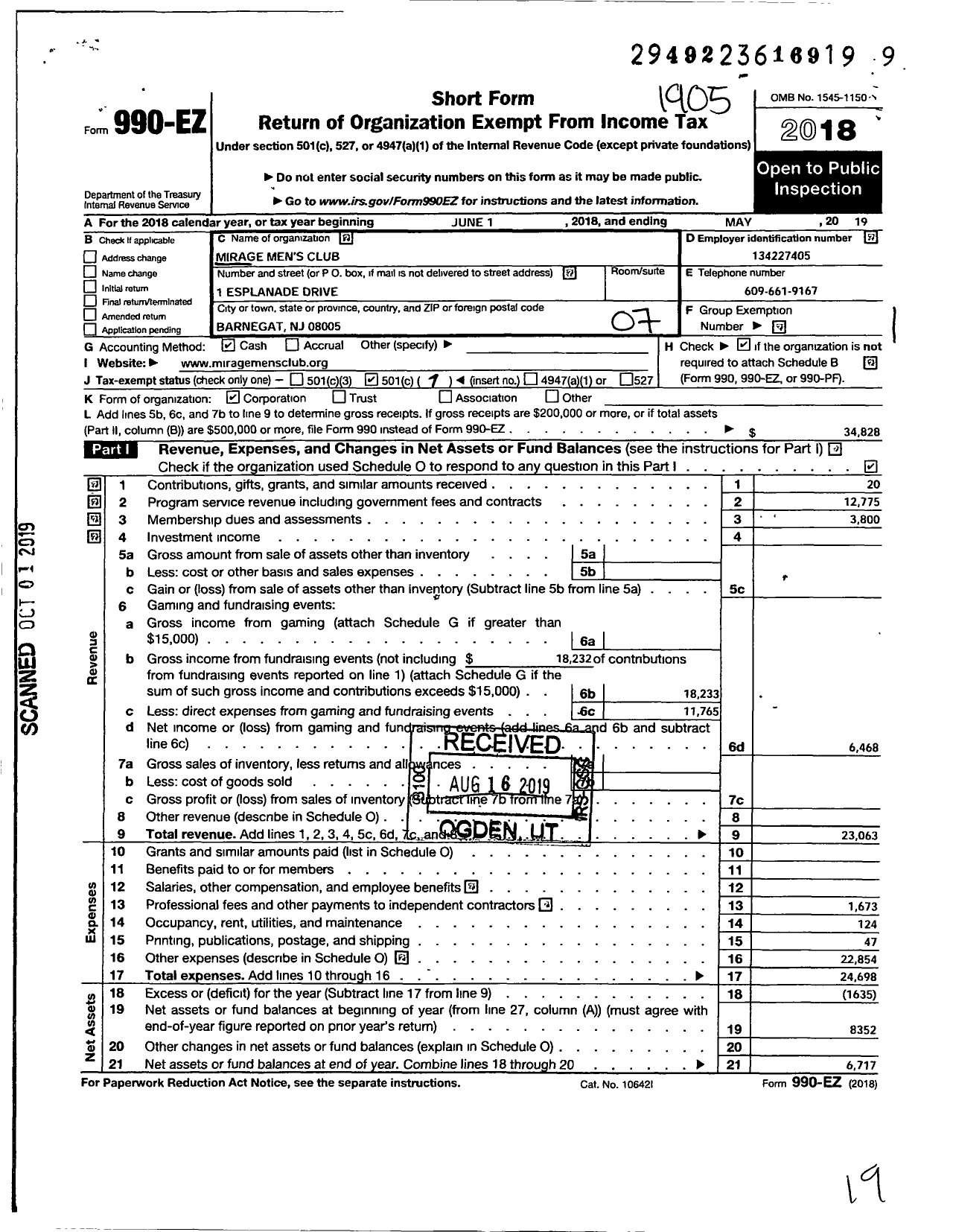 Image of first page of 2018 Form 990EO for Mirage Mens Club