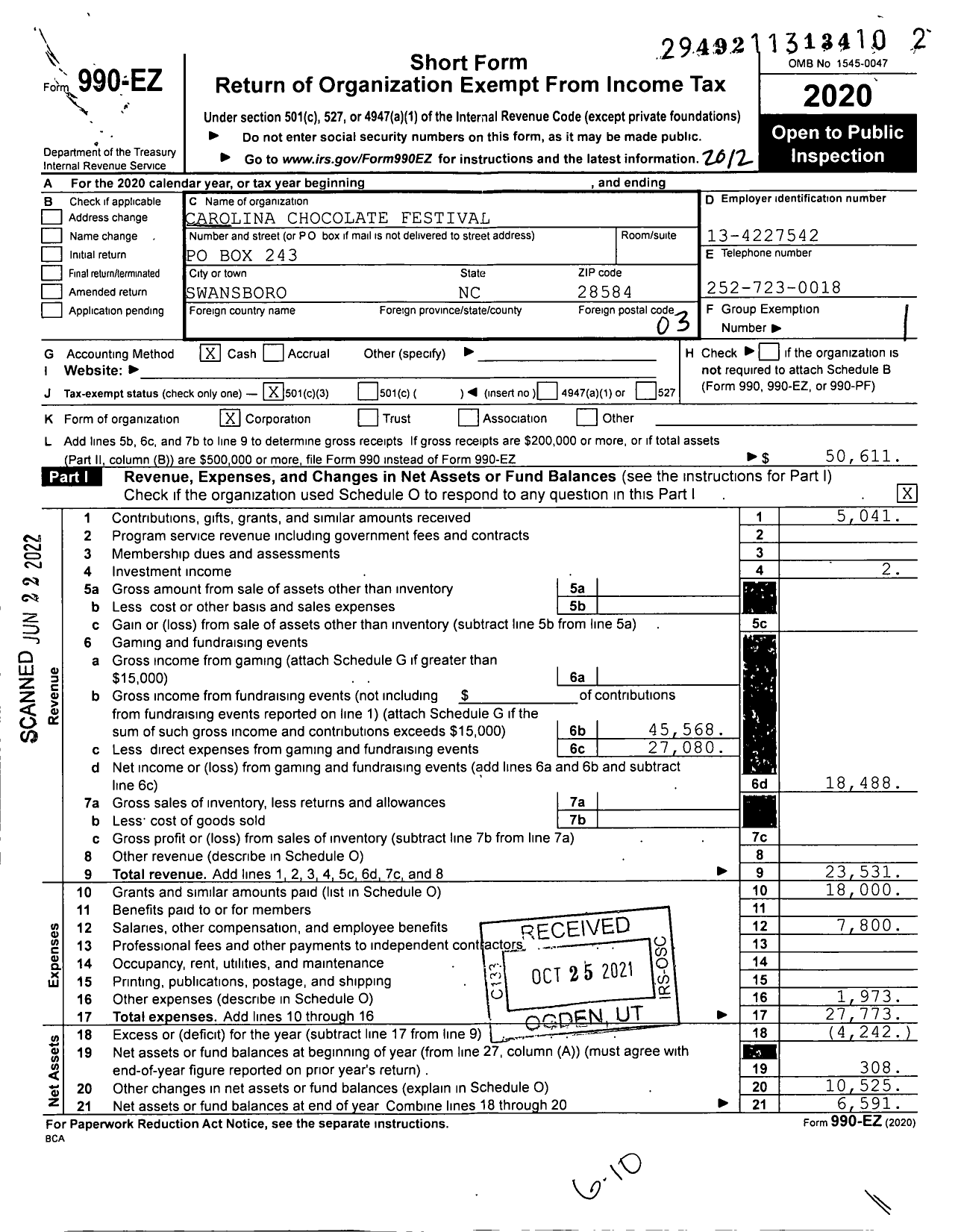 Image of first page of 2020 Form 990EZ for Carolina Chocolate Festival