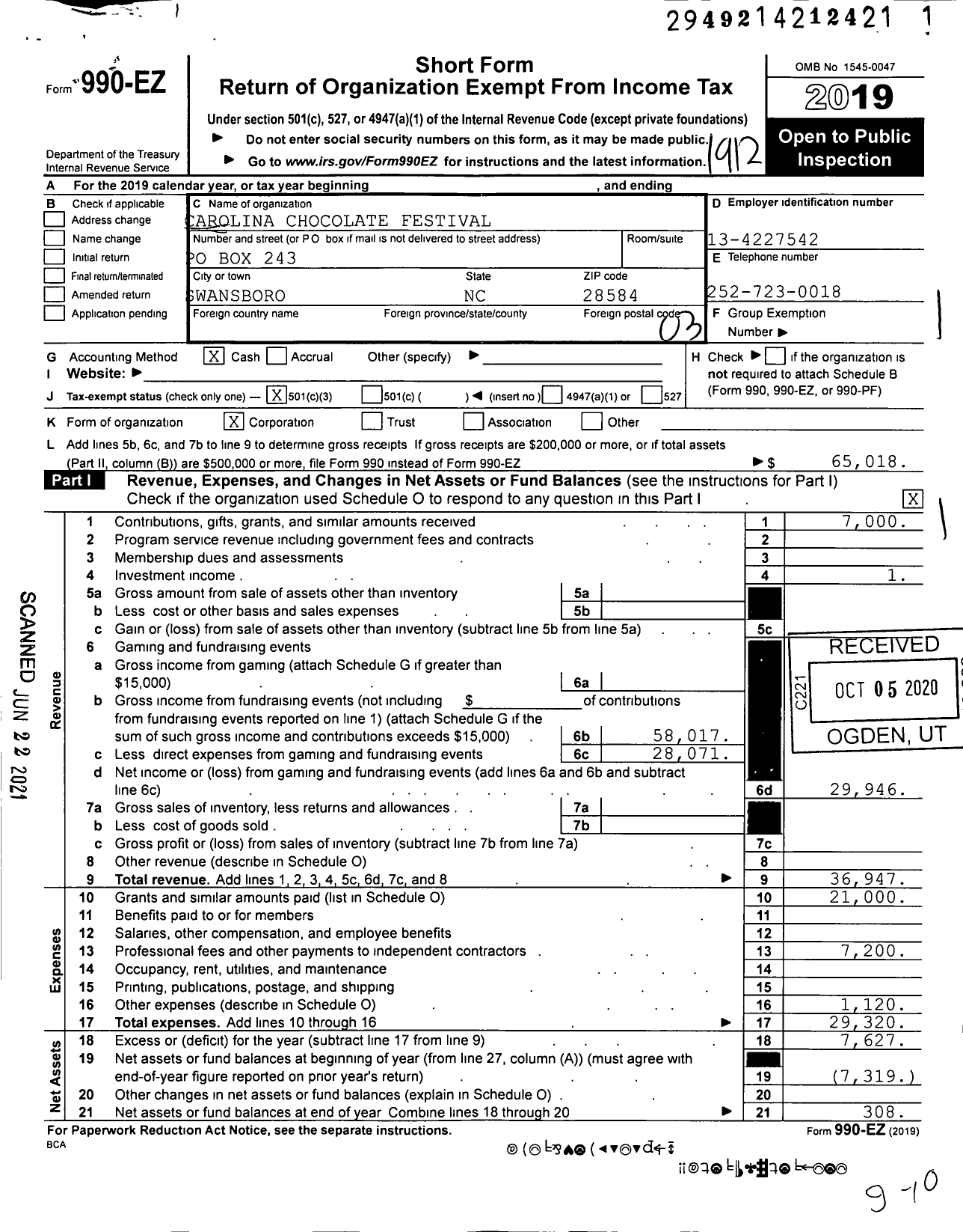 Image of first page of 2019 Form 990EZ for Carolina Chocolate Festival