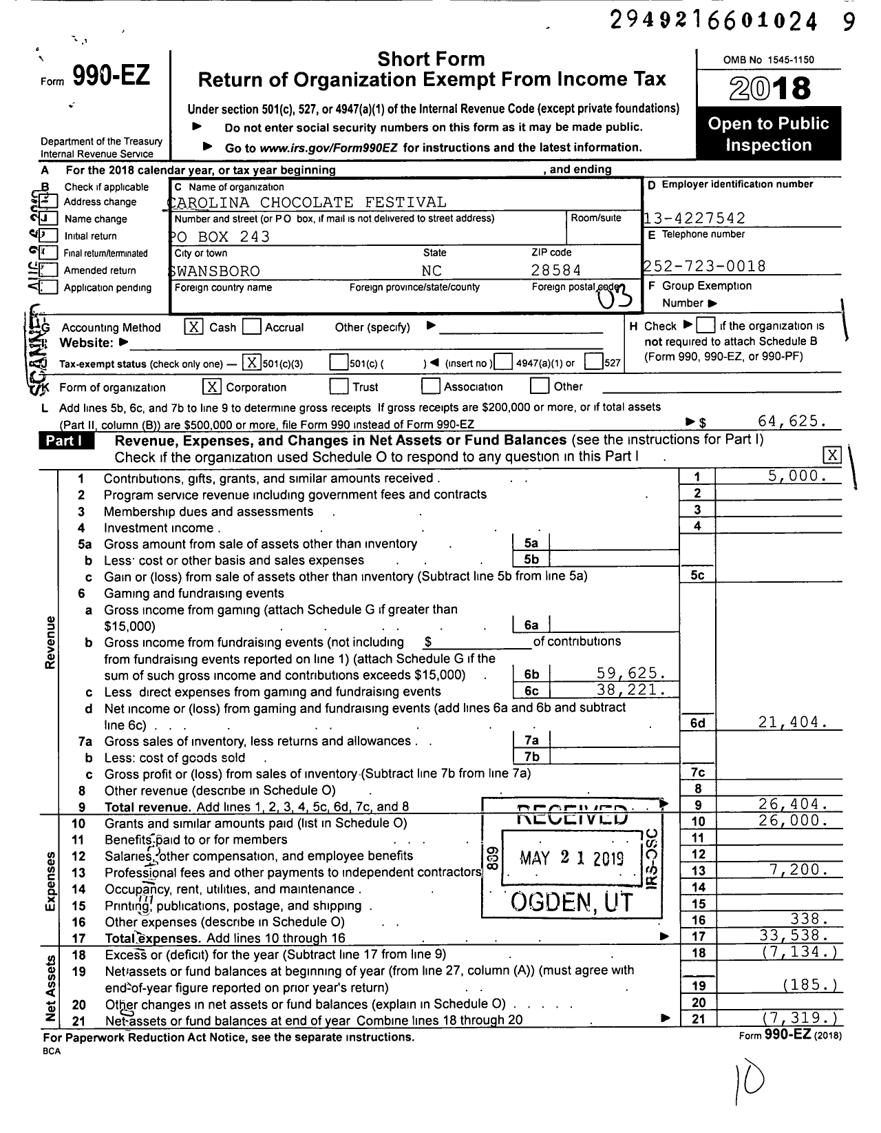 Image of first page of 2018 Form 990EZ for Carolina Chocolate Festival